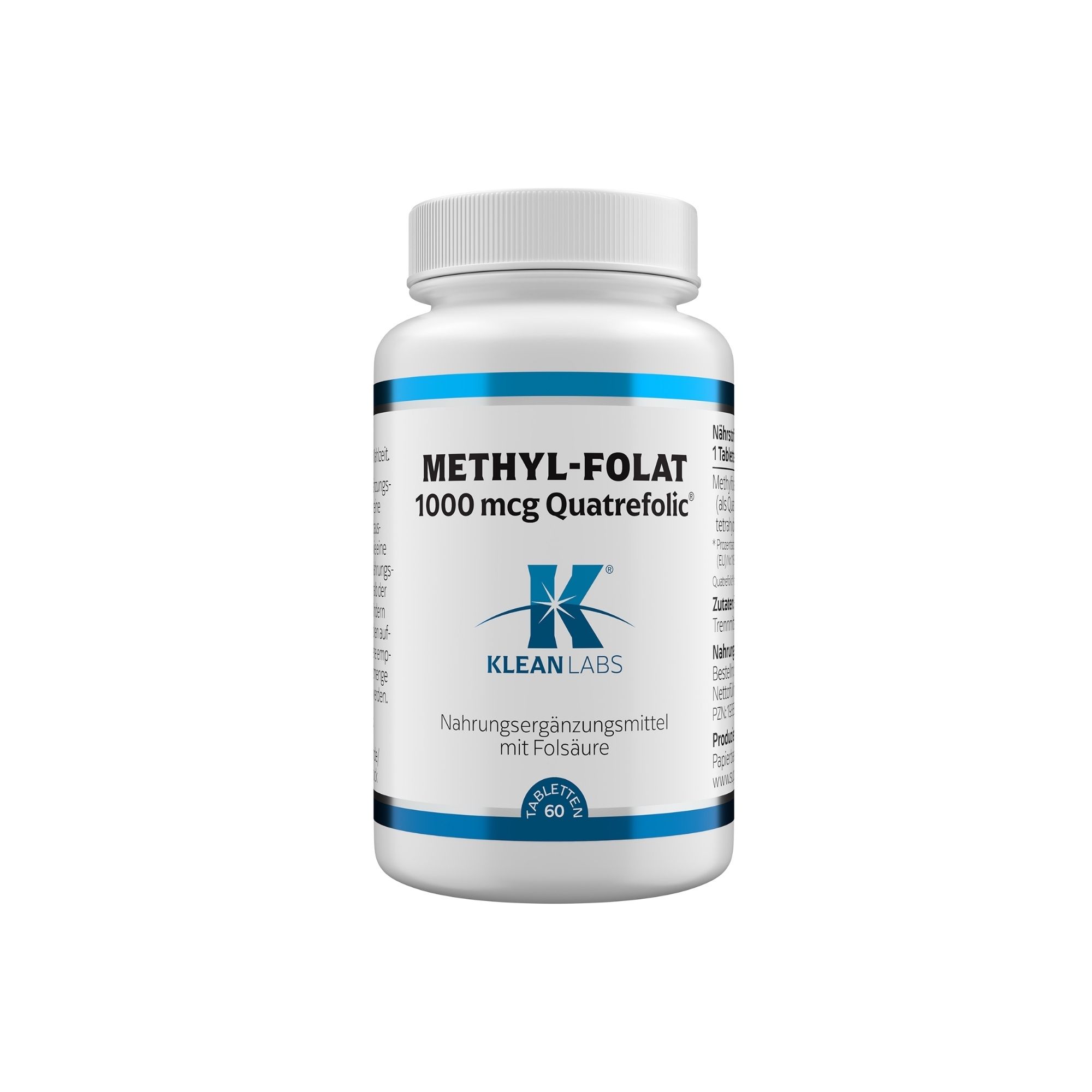 Weiße Flasche mit blauem Streifen. Aufschrift: METHYL-FOLAT 1000 mcg Quatrefolic. Klean Labs Logo. Nahrungsergänzungsmittel mit Folsäure.