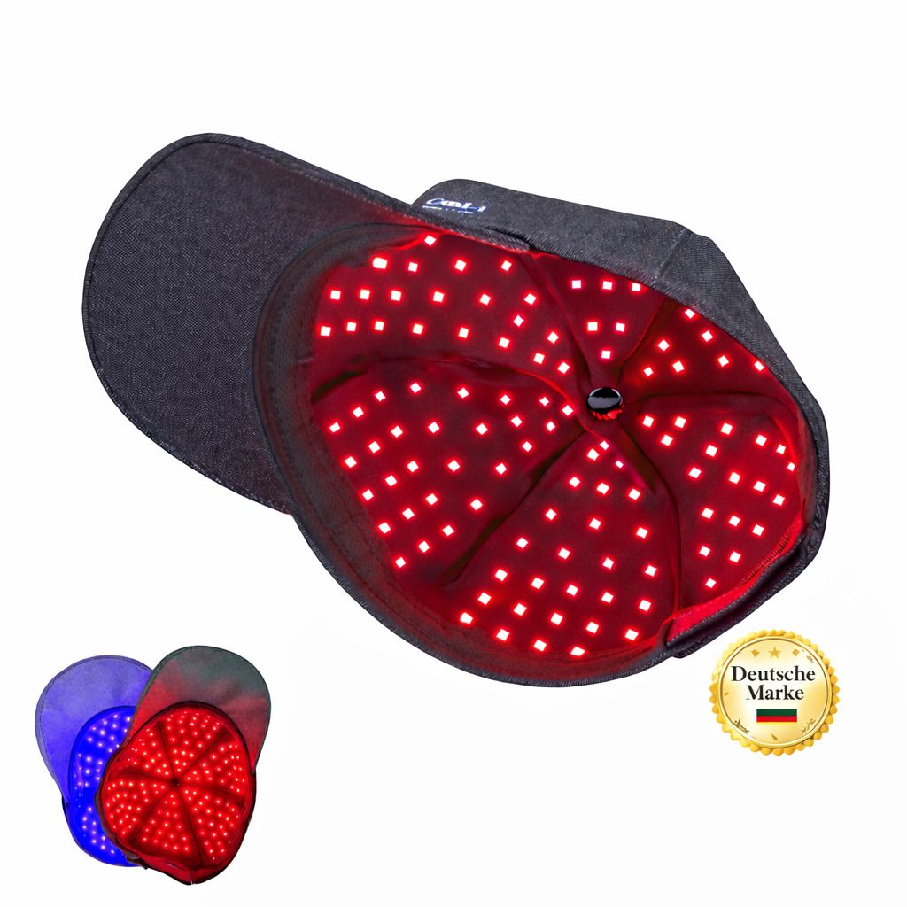 Graue Kappe mit roten LEDs innen. Deutsche Marke-Siegel. Zwei weitere Kappen, blau und rot, liegen daneben.