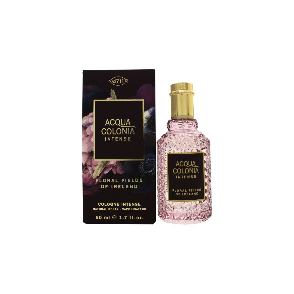 Rosa Flakon und Verpackung. Aufschrift: ACQUA COLONIA INTENSE, FLORAL FIELDS OF IRELAND. 50 ml.