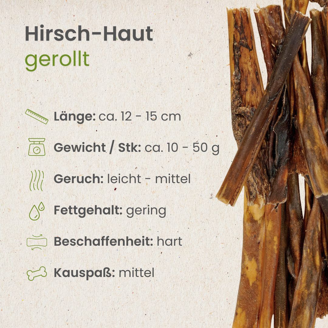 Getrocknete Hirschhaut-Streifen, 100% Hirsch, für natürliche Zahnpflege.