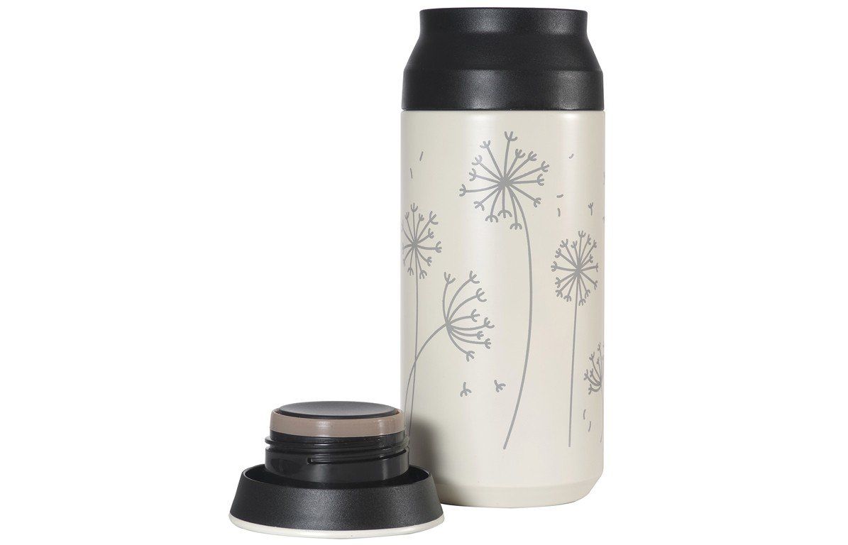 Thermosflasche mit Pusteblumen-Design, Deckel daneben. Beige mit schwarzem Deckel.
