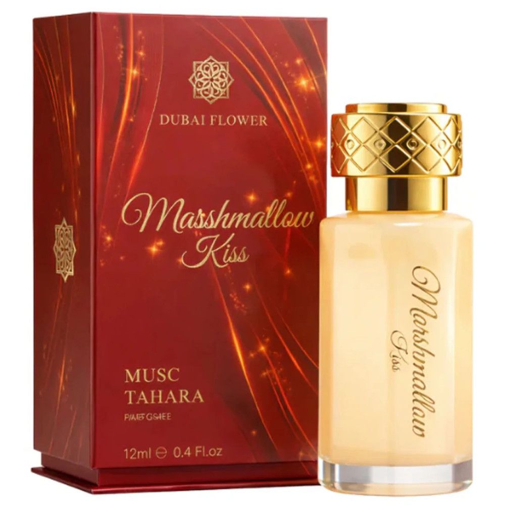 Flakon neben roter Schachtel. Aufschrift "Dubai Flower", "Marshmallow Kiss", "Musc Tahara".