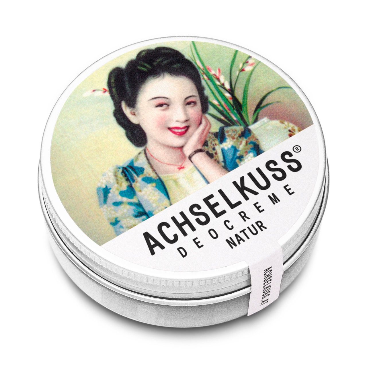 ACHSELKUSS Deocreme Natur in runder Metalldose, seitliche Ansicht mit Etikett.