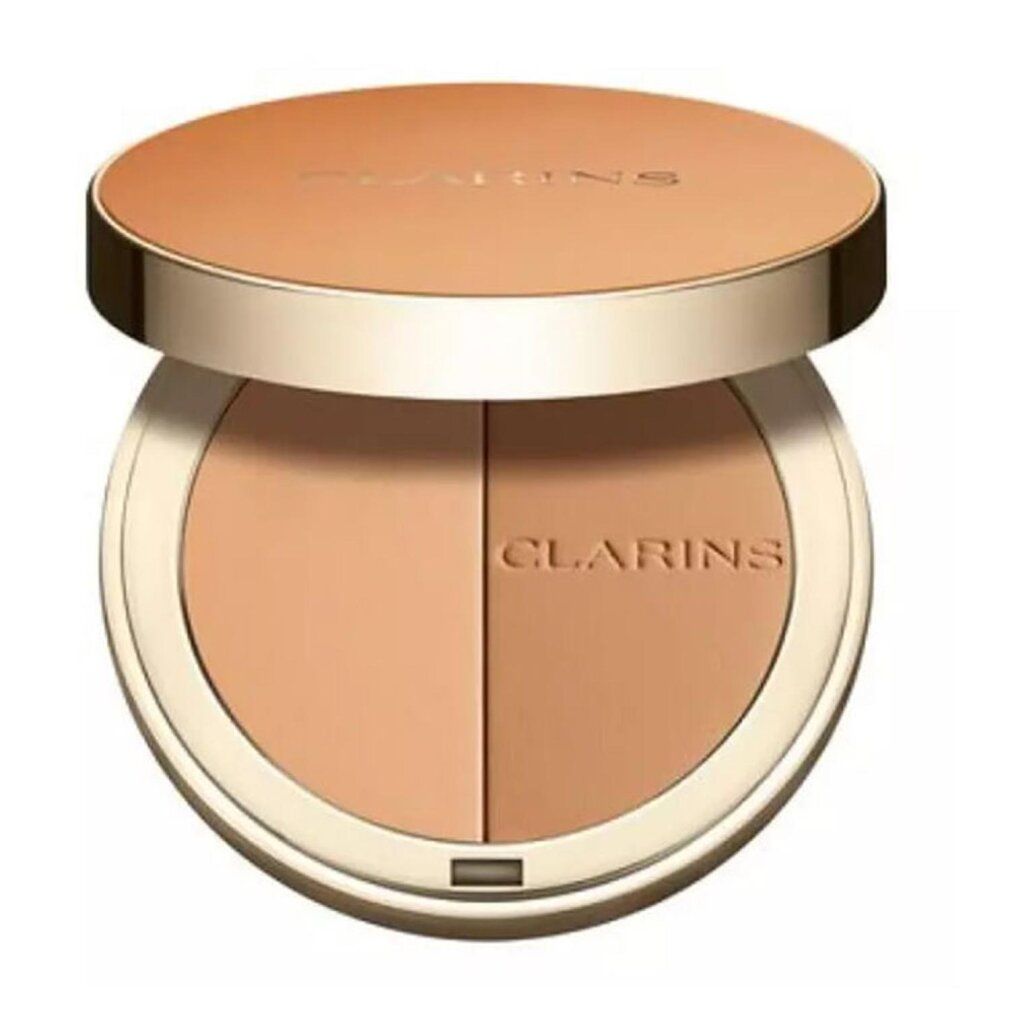 Runder Bronzer-Kompaktpuder mit zwei Farbtönen. Deckel und Puder in Goldtönen. Marke: Clarins.