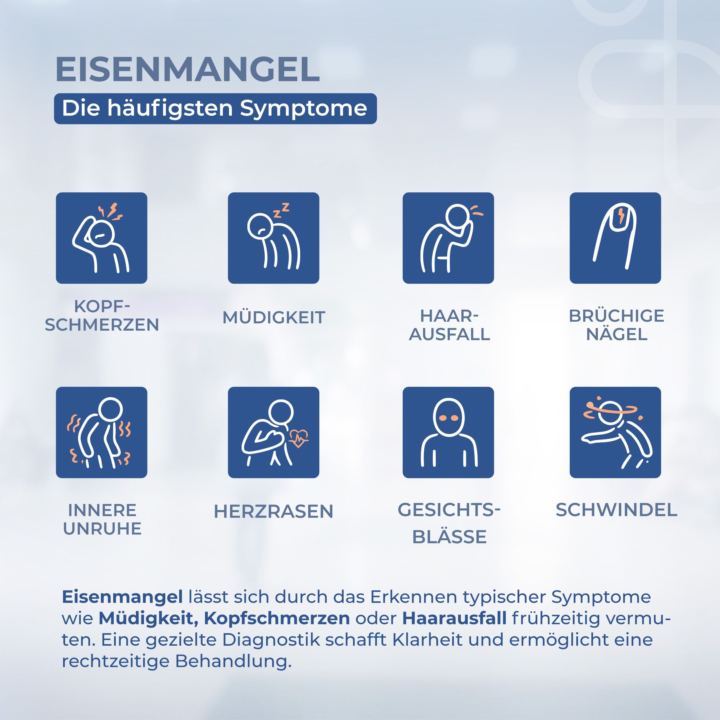 Symptome von Eisenmangel: Kopfschmerzen, Müdigkeit, Haarausfall, brüchige Nägel, innere Unruhe, Herzrasen, Schwindel. Text.