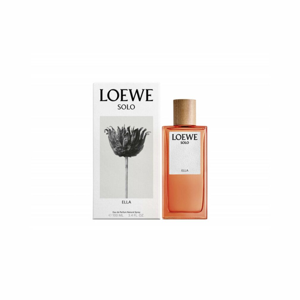 Loewe Solo Ella Eau de Parfum Spray. Flakon mit Holzverschluss und Verpackung mit floralem Motiv. Produktname und Marke sichtbar.