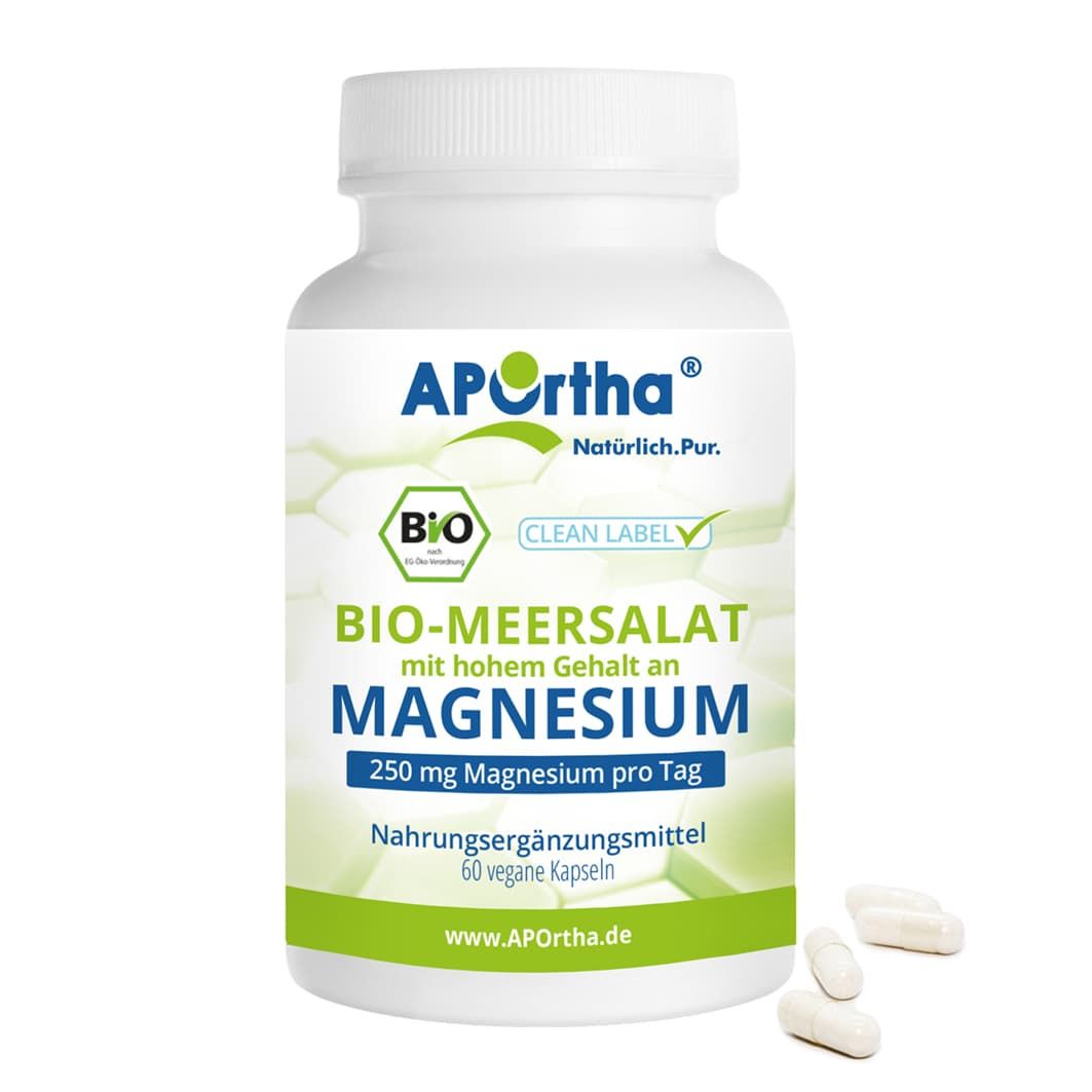 Weiße Flasche mit Kapseln. Aufschrift: Bio-Meersalat mit hohem Magnesium-Gehalt. 60 vegane Kapseln. Mit Bio-Siegel.