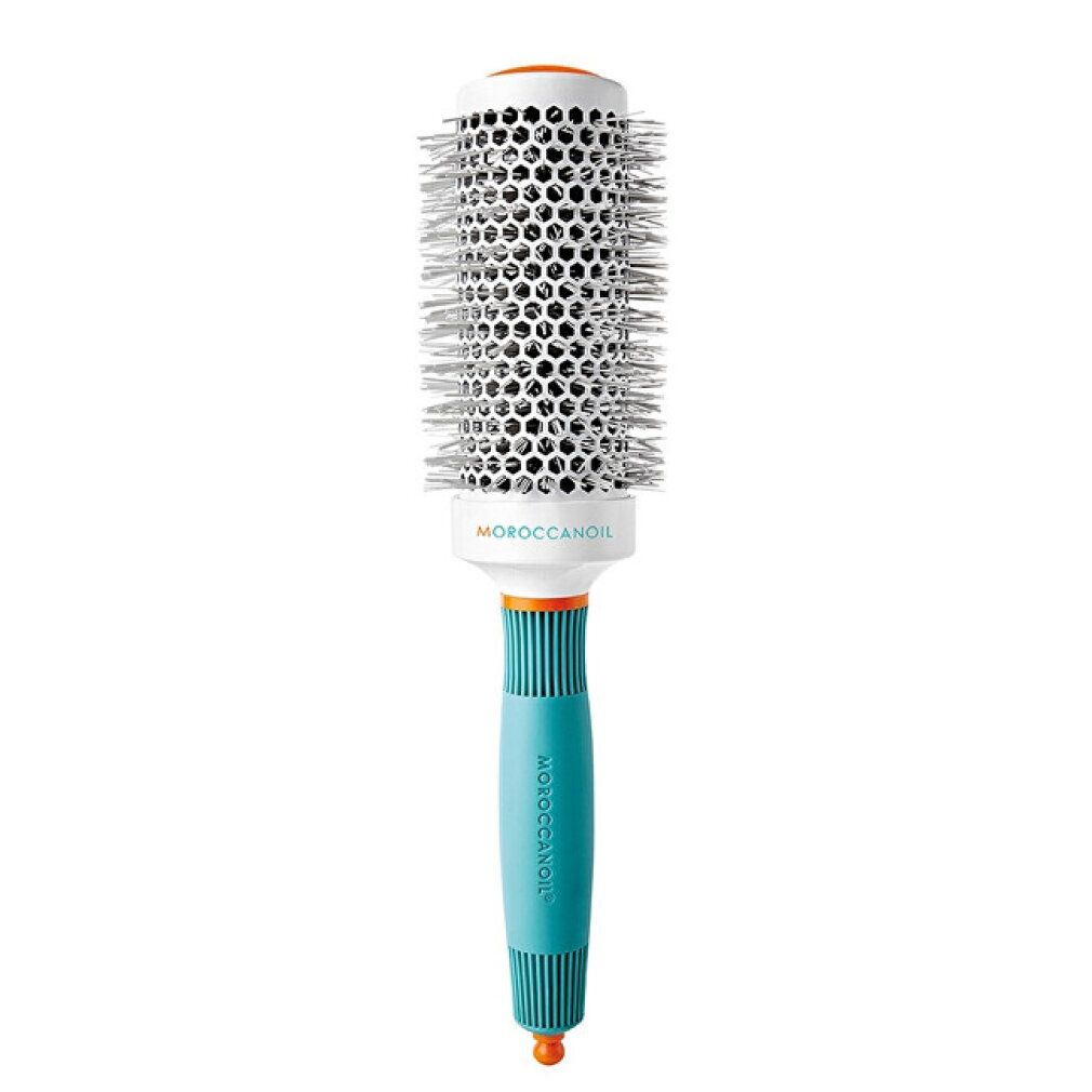 Moroccanoil Rundbürste mit blauem Griff und orangefarbenen Akzenten.