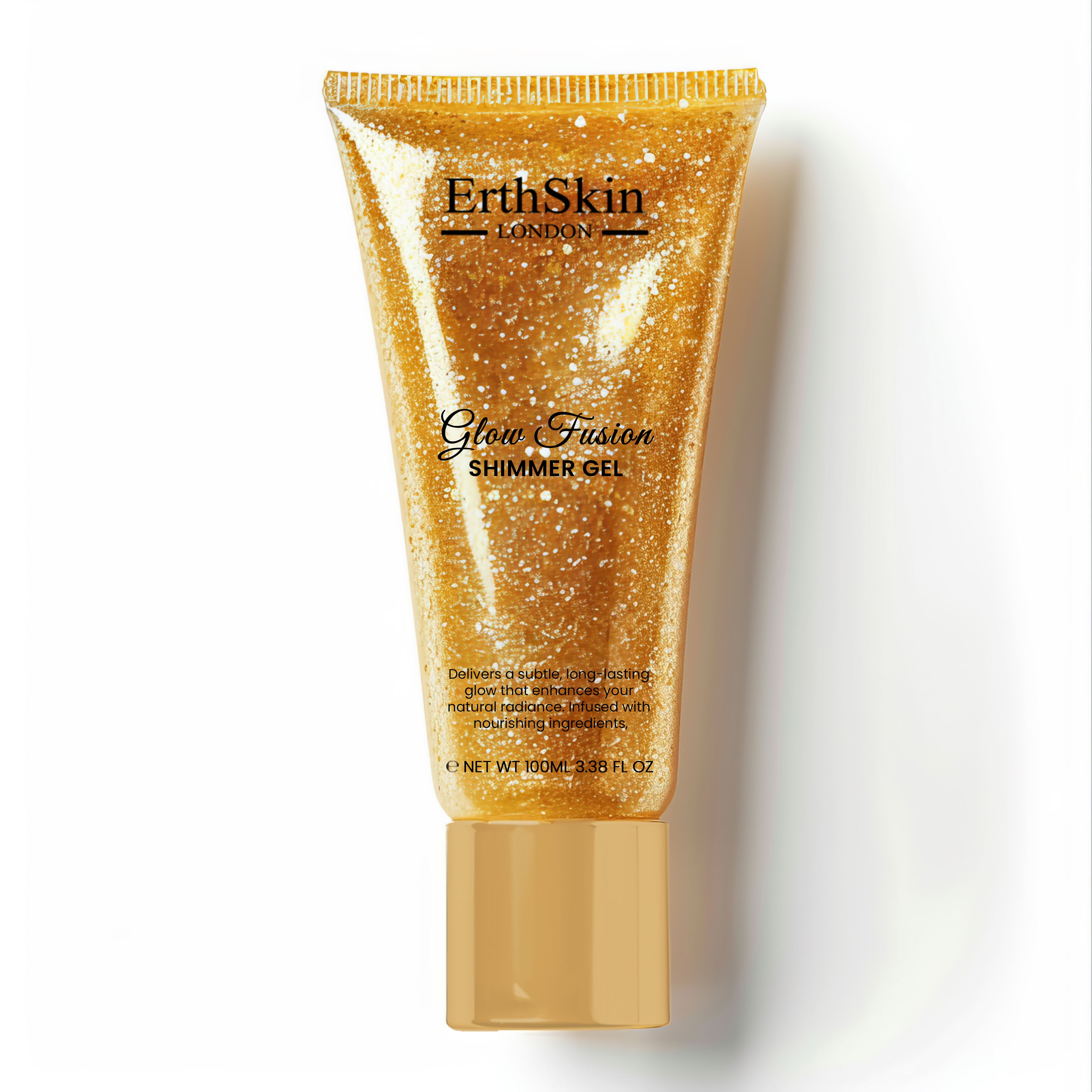Goldfarbenes Schimmergel in einer Tube. ErthSkin London Logo und Produktname Glow Fusion sichtbar. Transparente Verpackung.