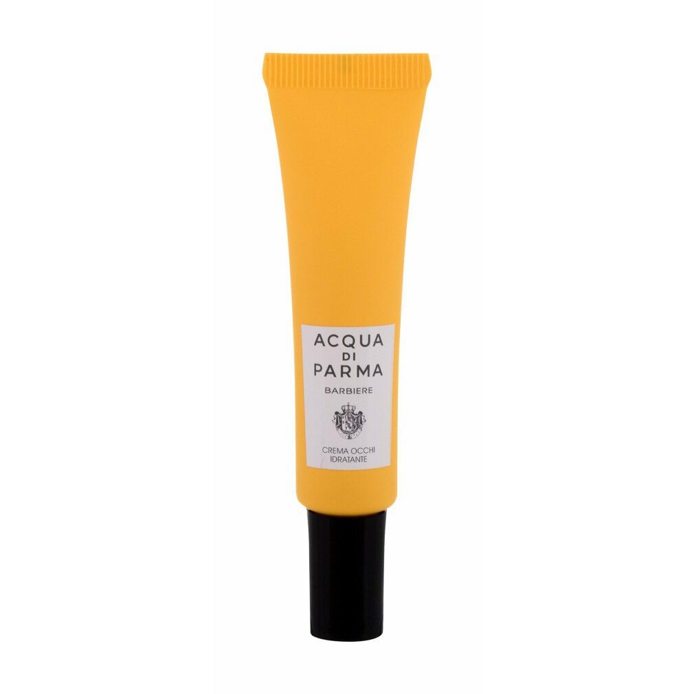 Gelbe Tube mit schwarzem Verschluss. Aufschrift: Acqua di Parma Barbiere, Creme Occhi Idratante.