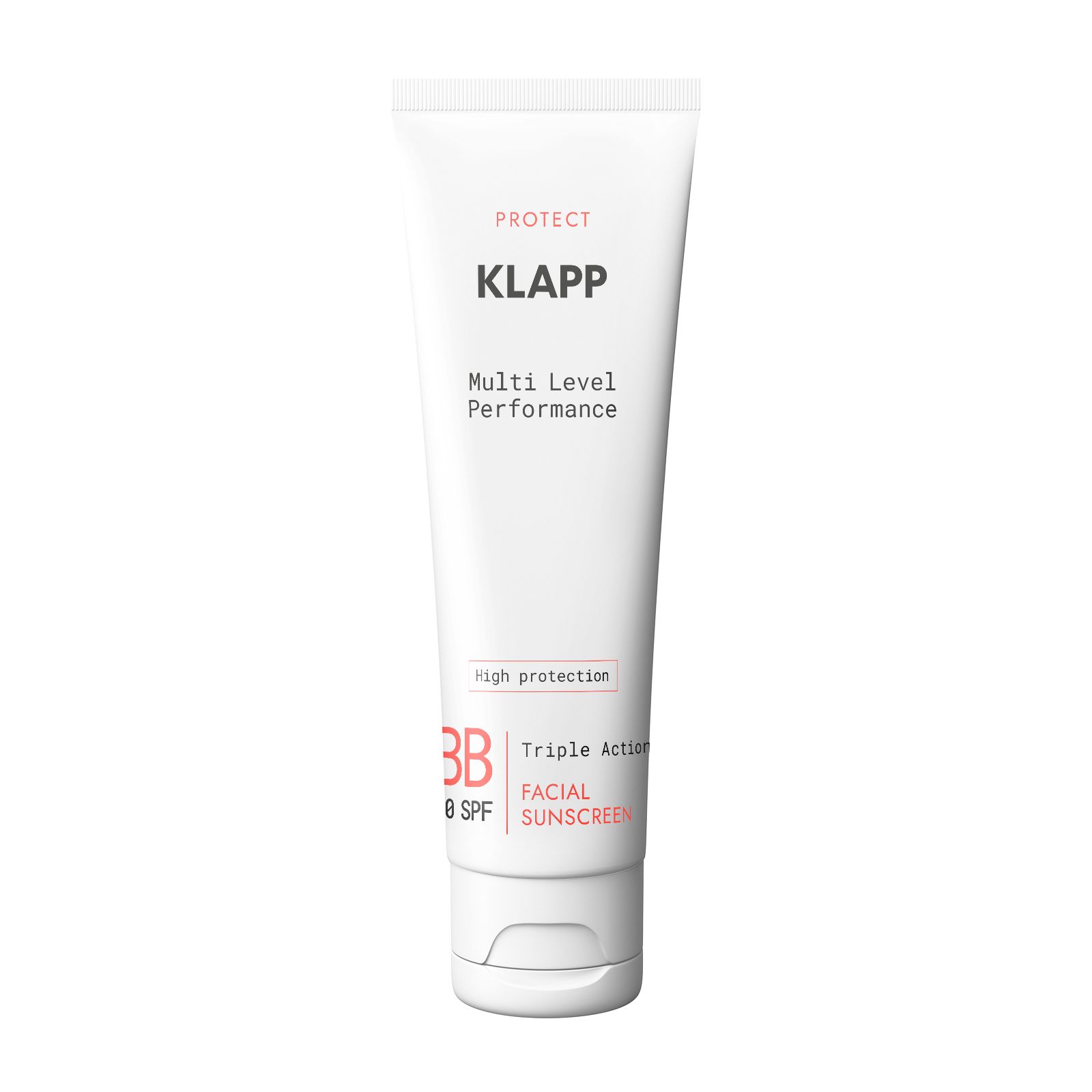 Weiße Tube mit Klapp-Logo. Text: Multi Level Performance, BB 50 SPF, Triple Action Facial Sunscreen.