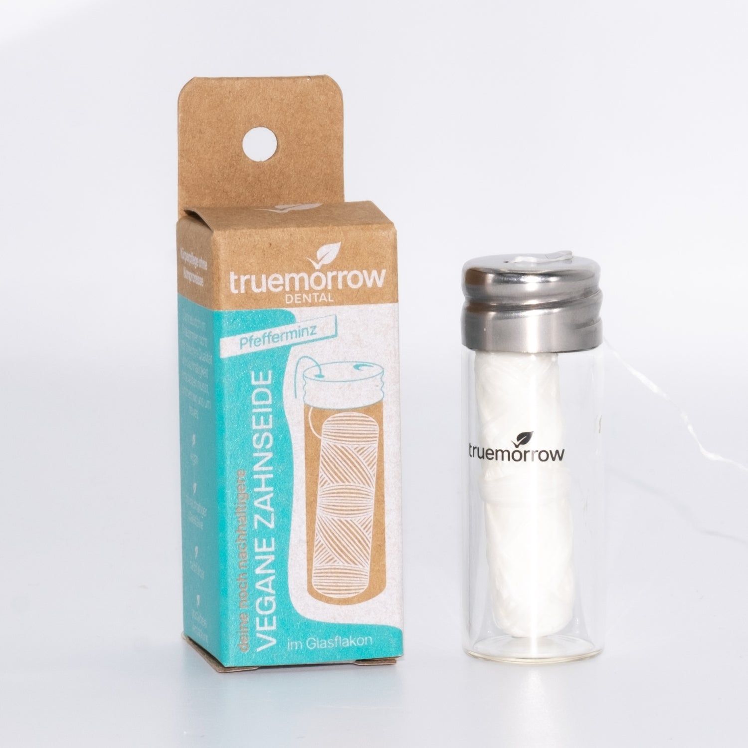 truemorrow Vegane Zahnseide, plastikfrei und nachfüllbar Glasflakon / Minze (weiß)