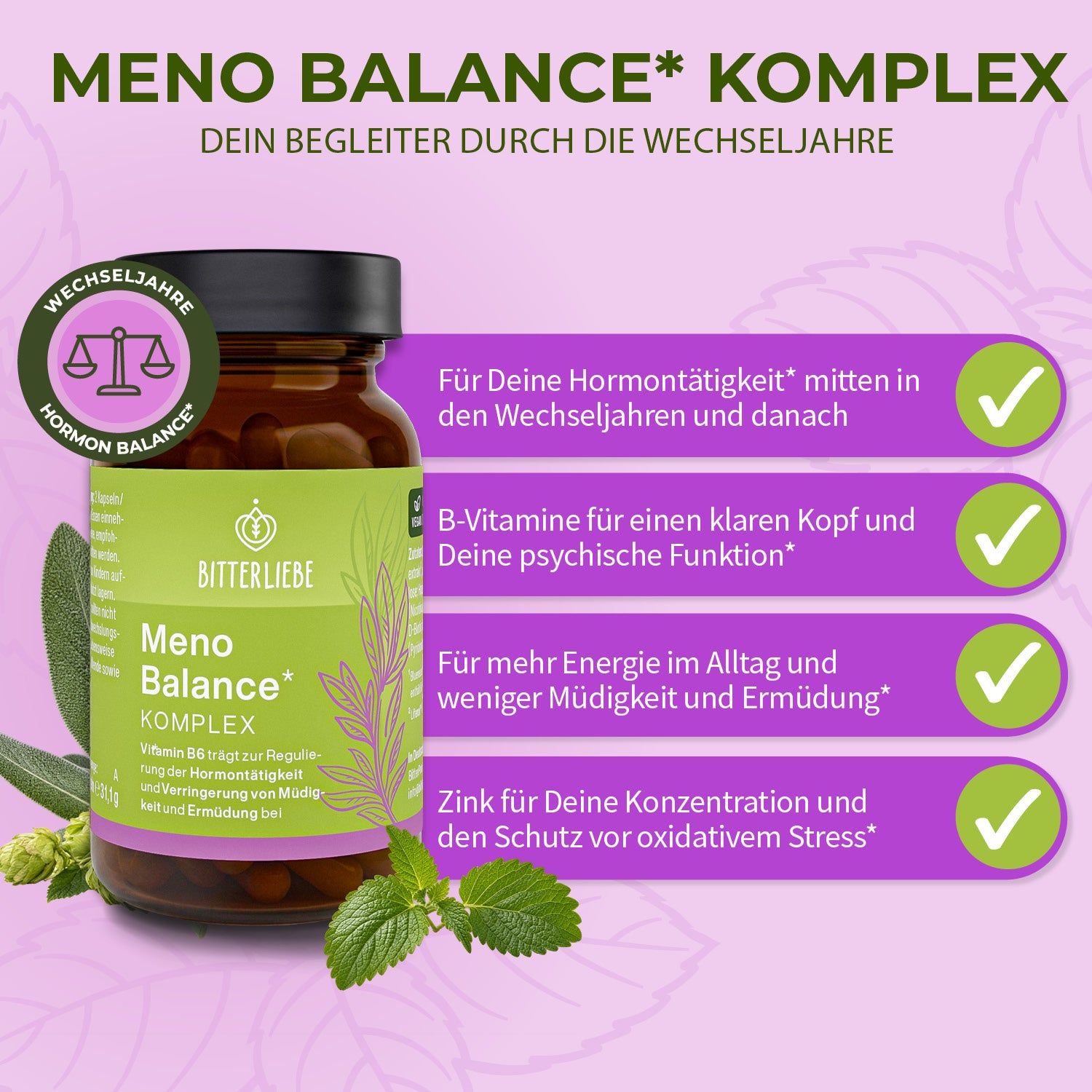 Flasche Meno Balance Komplex mit Hinweisen zu Hormontätigkeit, Energie und Zink.