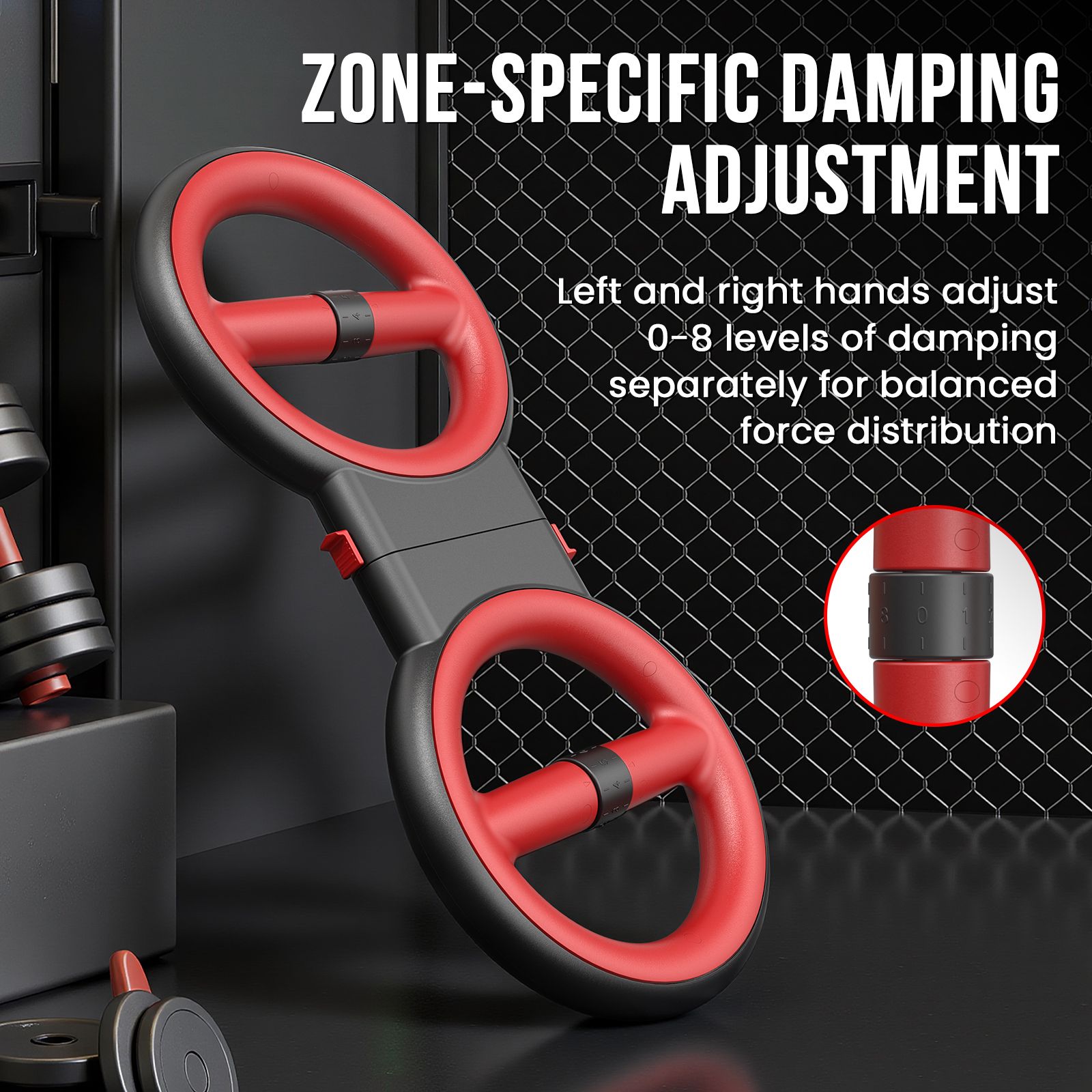 Gerät für Arme und Brust, schwarz-rot. Zwei Räder mit Griffen, verbunden. Detailansicht der Dämpfungsanpassung.