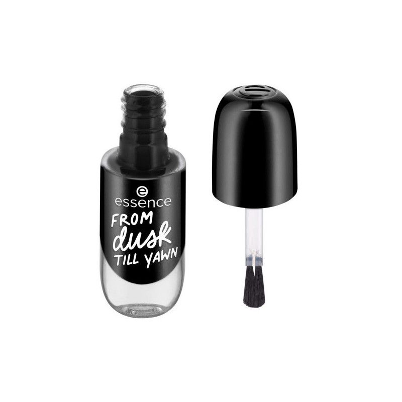 Essence Nagellackflasche 'From Dusk Till Yawn' in Schwarz, geöffnet mit Pinsel.