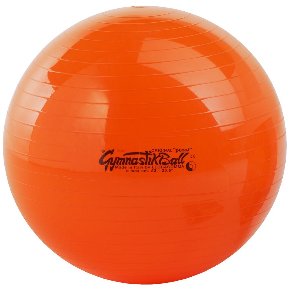 Oranger Gymnastikball mit Aufdruck. Schriftzug: GymnastikBall, Original Pezzi. Made in Italy.