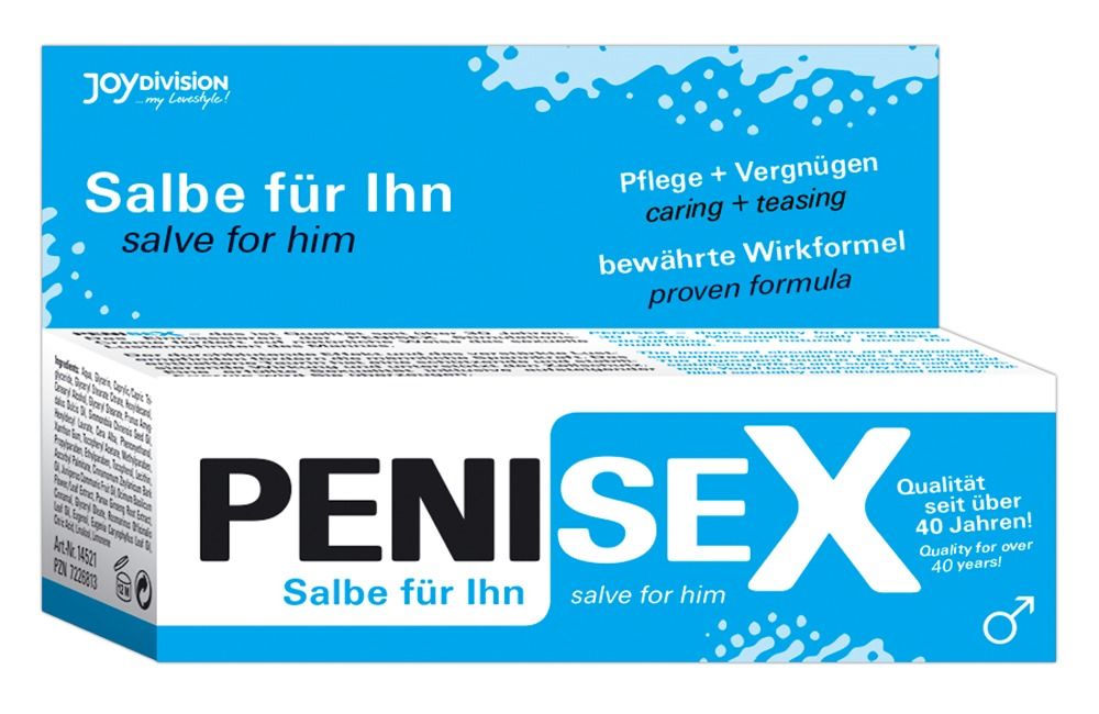 Karton mit Produktnamen PENISEX Salbe für ihn. Blaue und weiße Verpackung mit Text und Logo. Joydivision Logo.