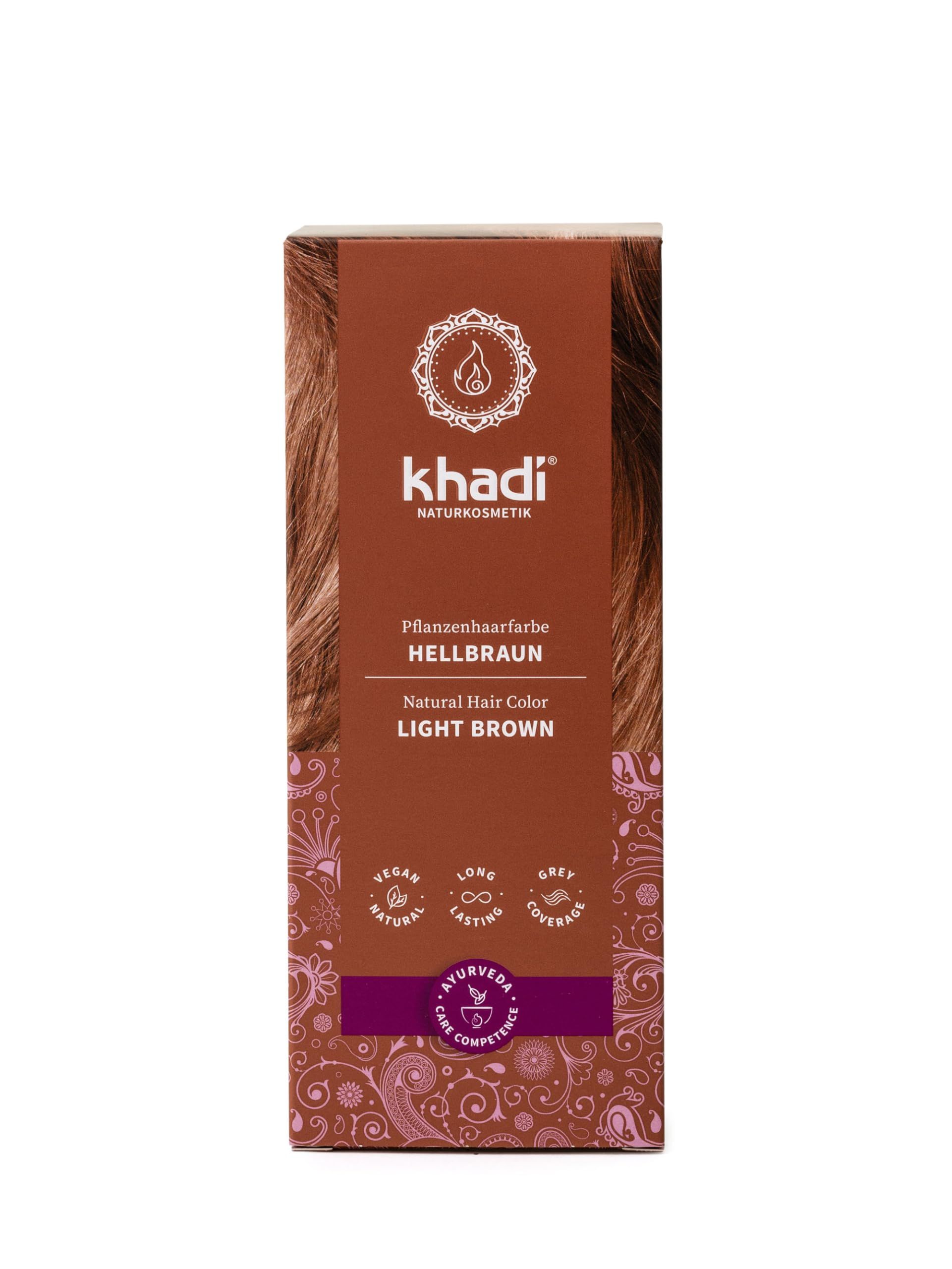 Khadi Hellbraun, Pflanzenhaarfarbe. Braune Verpackung mit Logo und Produktbezeichnung. Vegan, natürlich, langanhaltend, Grauhaarabdeckung.