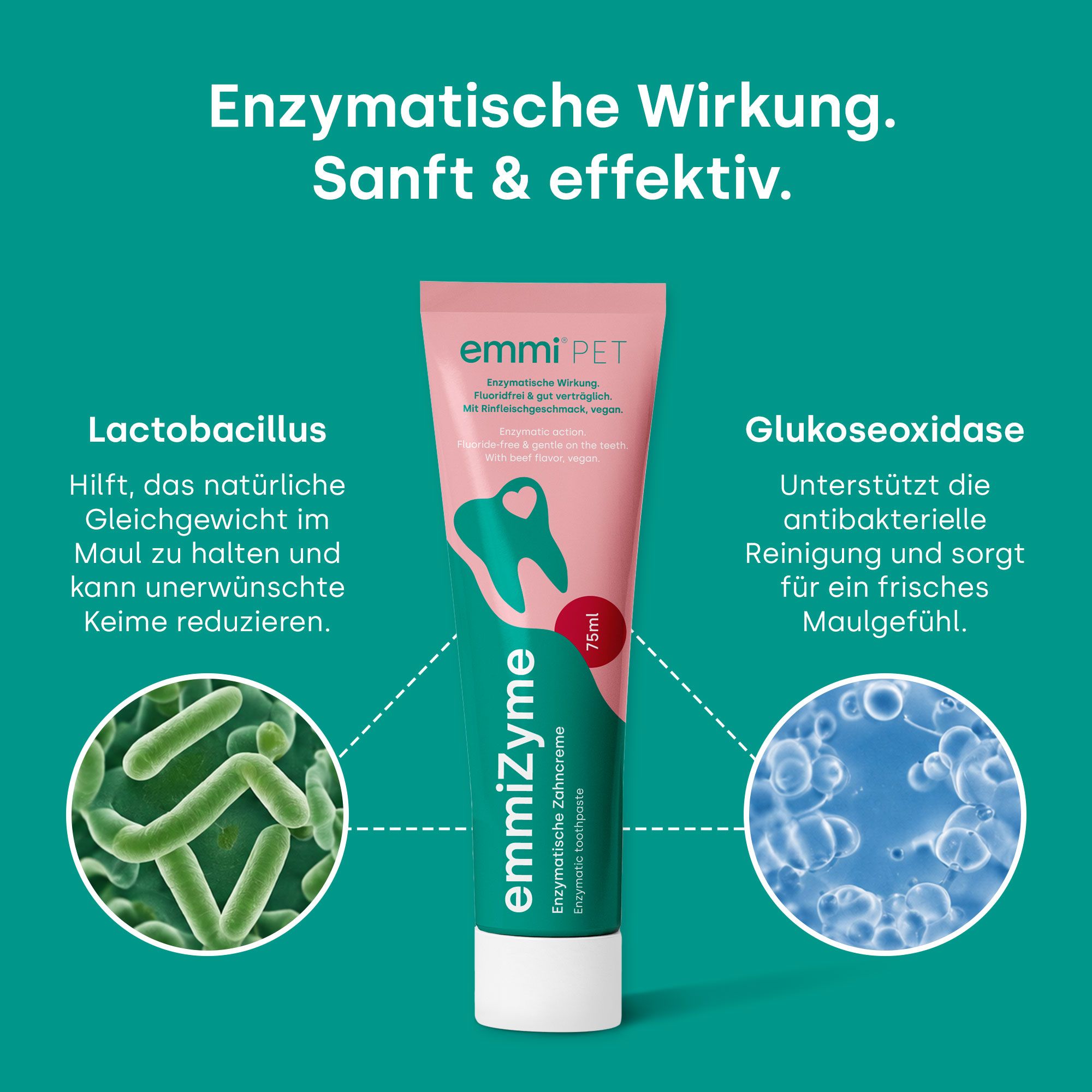 EmmiPET emmiZyme Zahnpflege-Gel Tube mit Fokus auf enzymatische Wirkung und sanfte Maulpflege.