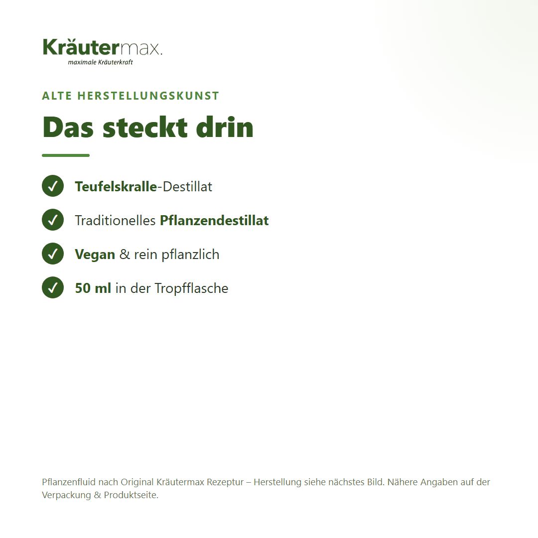 Liste mit Inhaltsstoffen: Teufelskralle-Destillat, Traditionelles Pflanzendestillat, Vegan & rein pflanzlich, 50 ml in der Tropfflasche.