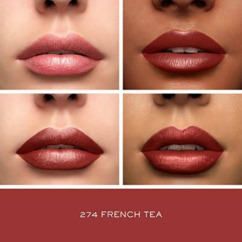 Vier Nahaufnahmen von Lippen, die verschiedene Hauttöne zeigen, die den Lippenstift 274 French Tea tragen. Text unterhalb.