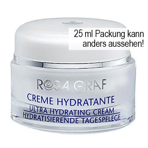 Creme-Tiegel mit weißem Deckel. Aufschrift: ROSA GRAF, CREME HYDRATANTE, ULTRA HYDRATING CREAM, HYDRATISIERENDE TAGESPFLEGE. Hinweis: 25 ml Packung.