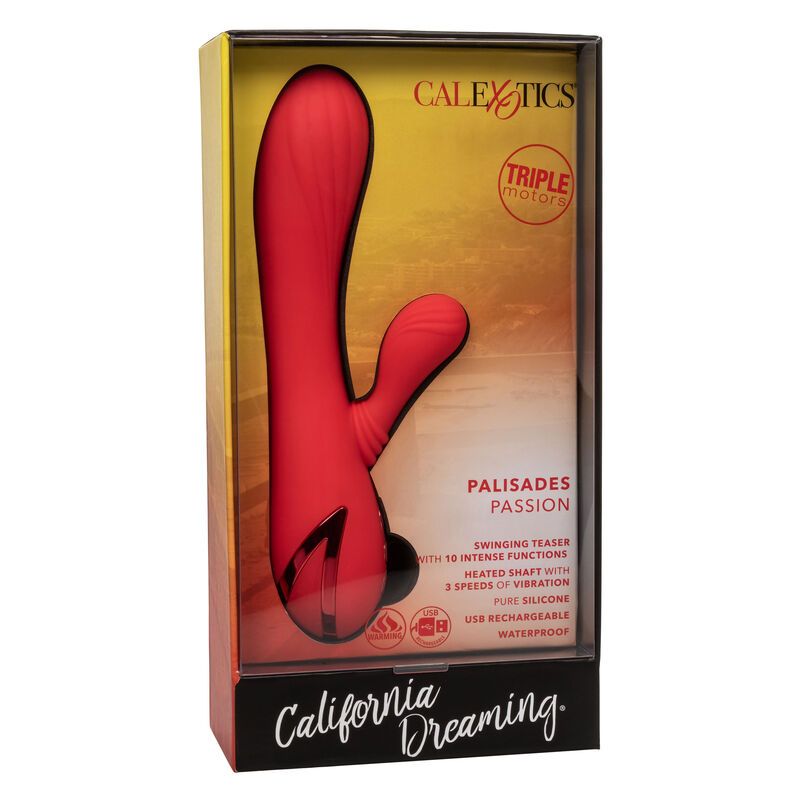 Verpackung mit rotem Vibrator. Aufschrift: CalExotics, Palisades Passion. Schwarzer Hintergrund.