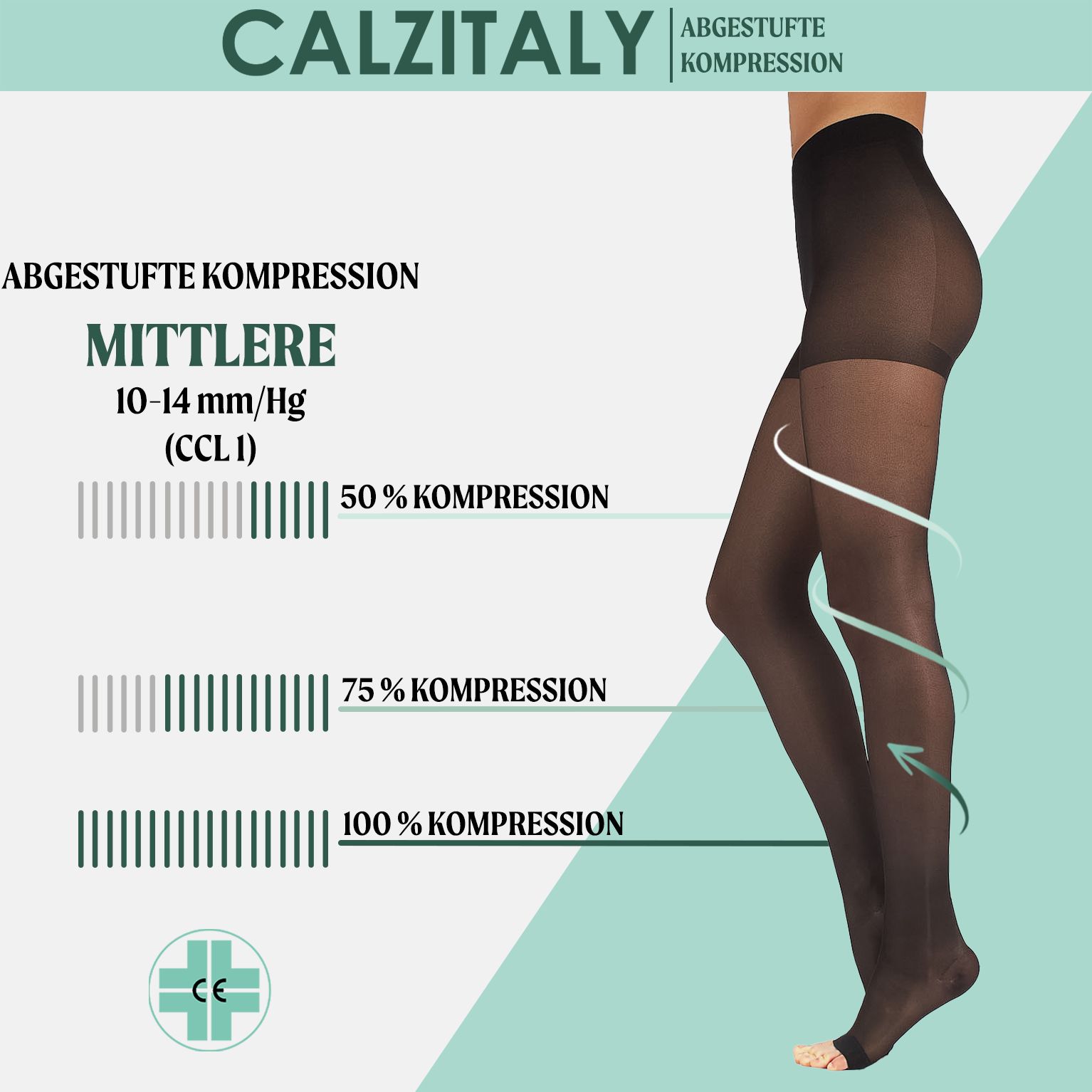 CALZITALY Strumpfhose mit abgestufter Kompression. 10-14 mmHg. Kompressionsanzeige. Schwarze Strumpfhose.