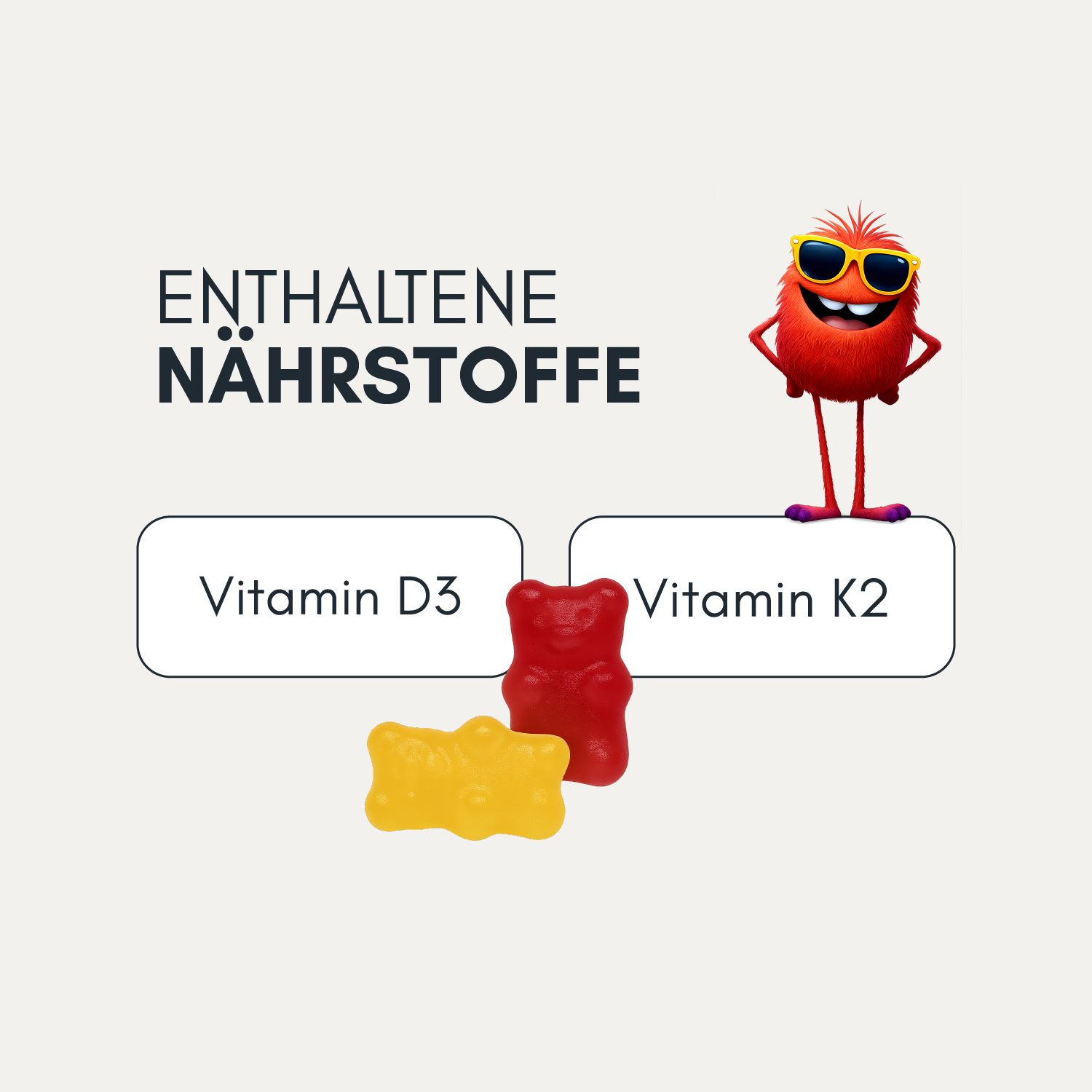 Grafik mit den Nährstoffen Vitamin D3 und Vitamin K2. Zwei Gummibärchen, rot und gelb, neben den Bezeichnungen.