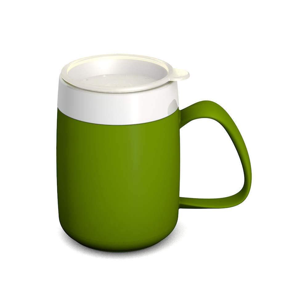 Grüner Becher mit weißem Deckel und großem Henkel. Der Henkel ist ebenfalls grün.