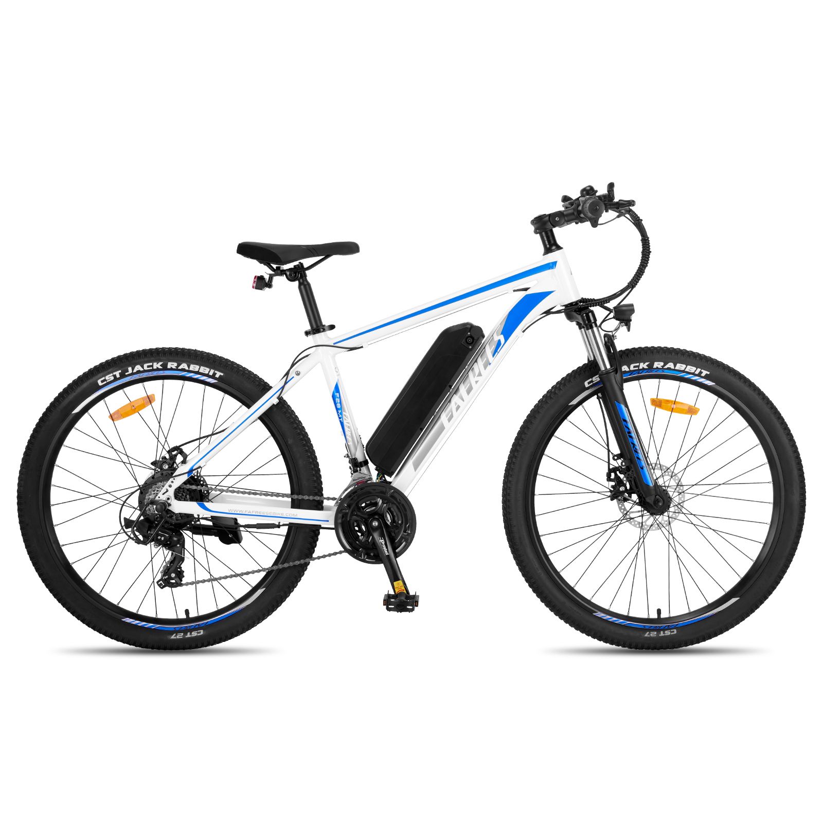Weißes E-Mountainbike mit blauen Akzenten. Schwarze Reifen, Sattel und Lenker. Akku am Rahmen.