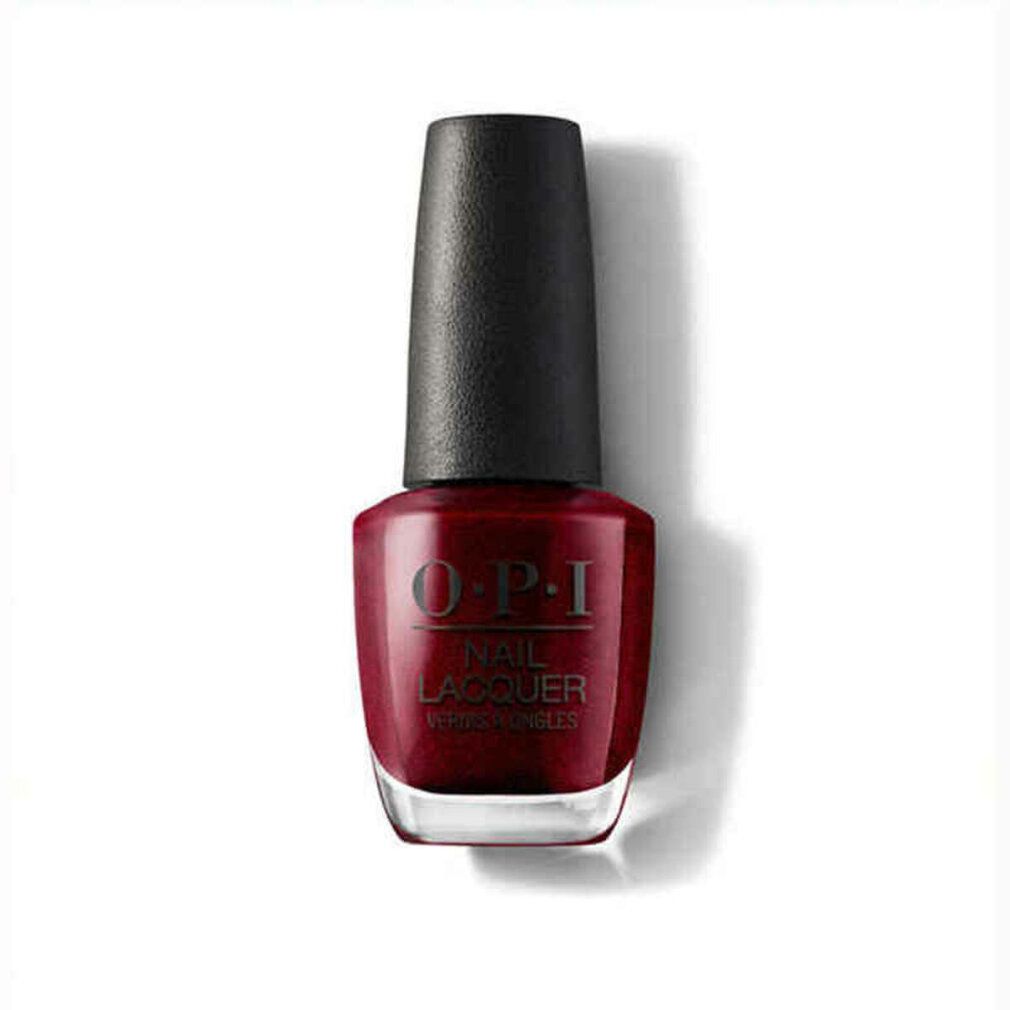 OPI Nagellack, rot. Schwarzer Deckel, transparente Flasche. OPI Nail Lacquer Schriftzug. 15 ml.