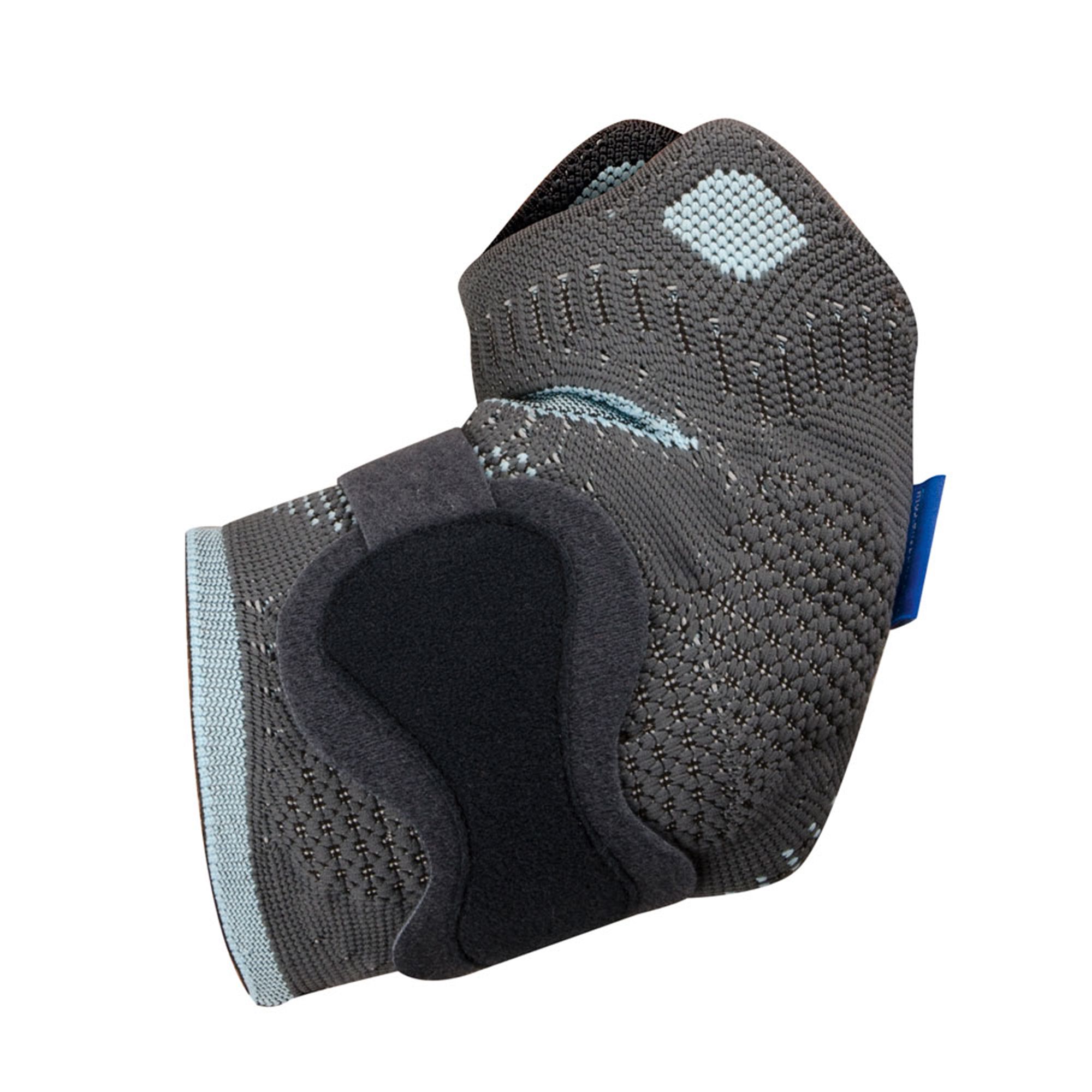 Ellbogenbandage, grau mit blauen Akzenten. Gepolsterte Innenseite, Klettverschluss. Blaues Label.
