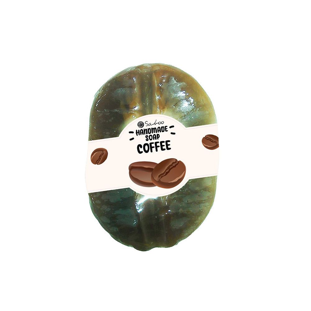 Oval geformte Seife mit Kaffeebohnen-Motiv. Aufschrift "Coffee" und "Handmade Soap". Grün-braune Farbe.
