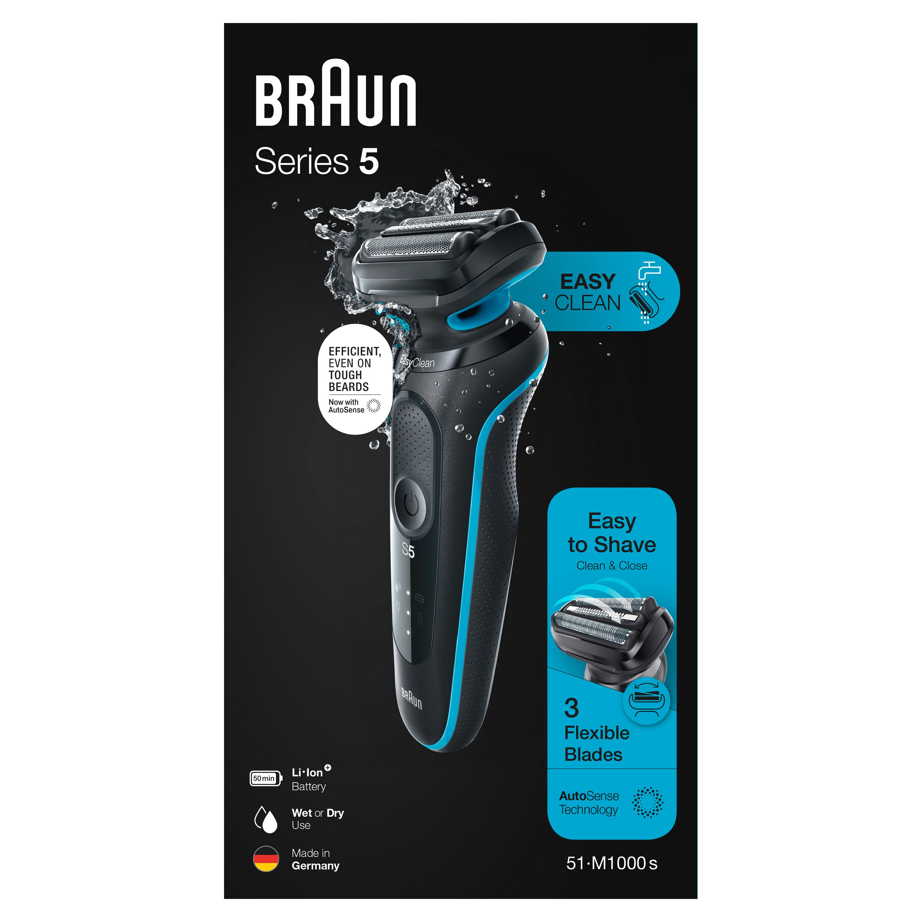 Verpackung des Braun Series 5 Rasierers. Schwarzer Karton mit Rasierer-Abbildung und Produktinformationen. Modell: 51-M1000s.