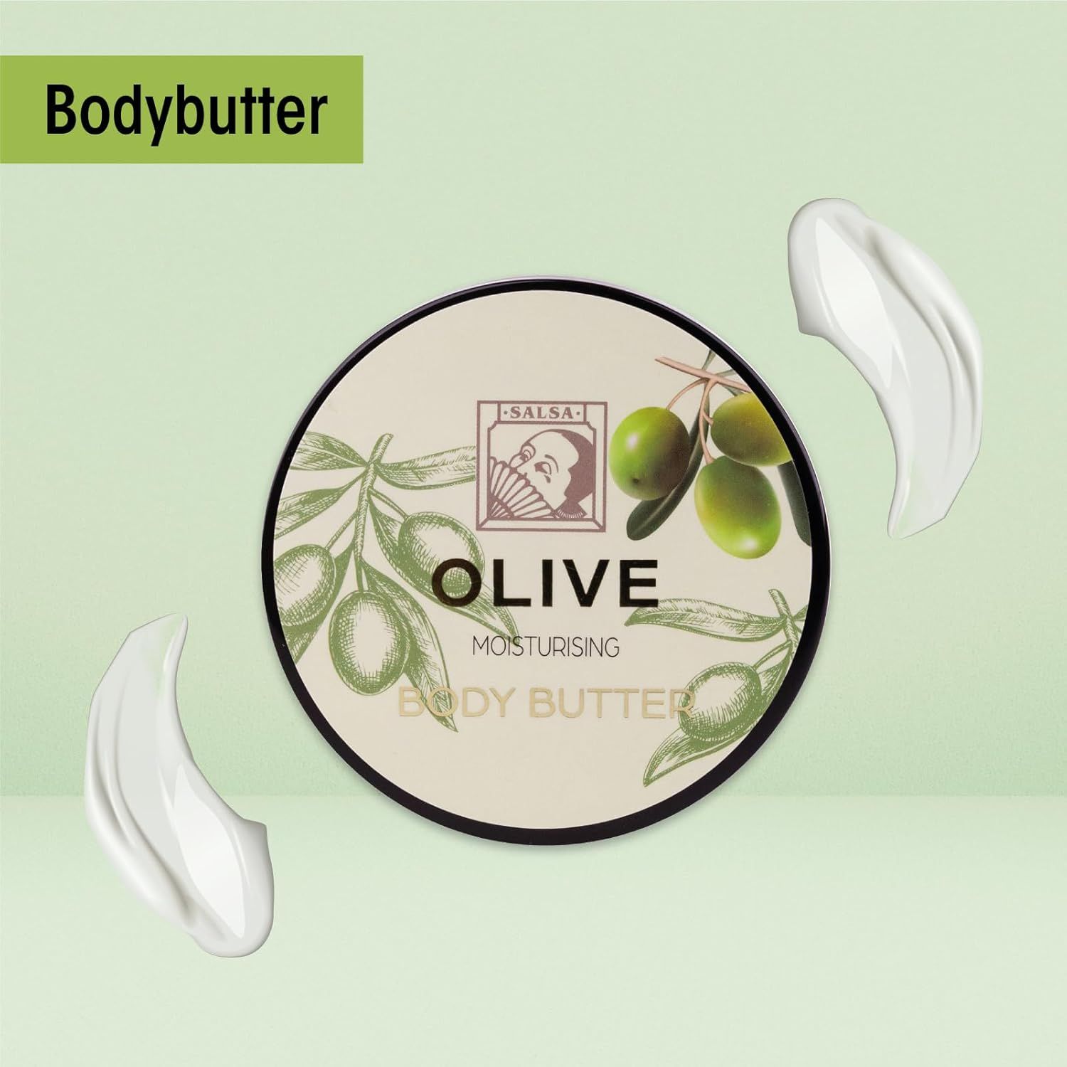 Runde Dose Body Butter mit Olive-Logo. Zwei Kleckse Creme daneben. Beige Hintergrund.