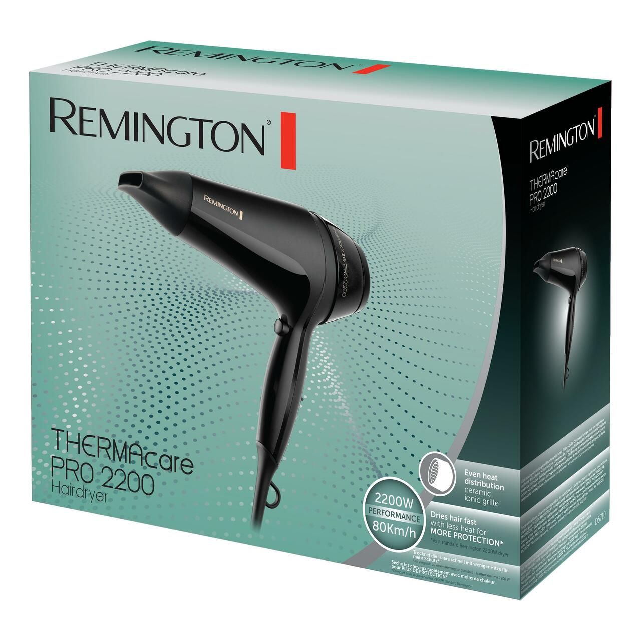 Verpackung des Haartrockners. Marke Remington, Modell Thermacare Pro 2200. Produktabbildung und Leistungsangaben.