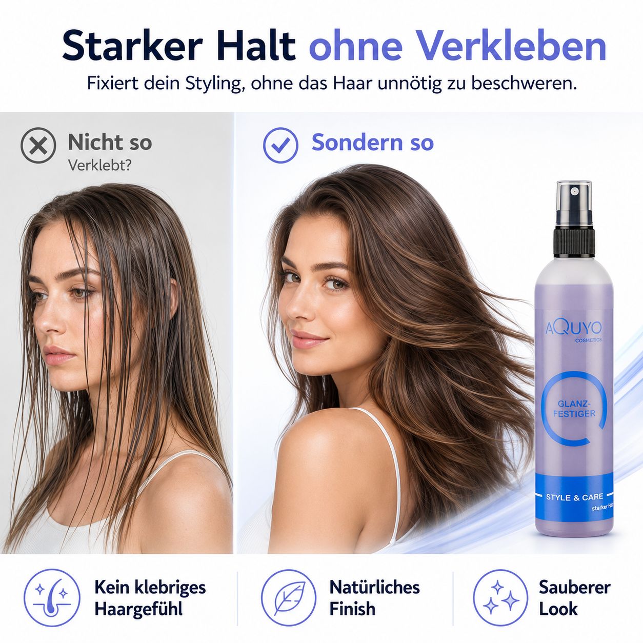 Vergleich von nassem, verklebtem Haar mit gestyltem Haar nach Anwendung des Festigers.