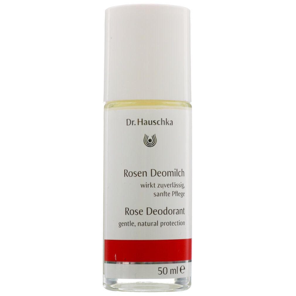 Deodorant-Roller mit weißem Deckel. Aufschrift: Dr. Hauschka, Rosen Deomilch, Rose Deodorant. Roter Streifen. 50 ml.
