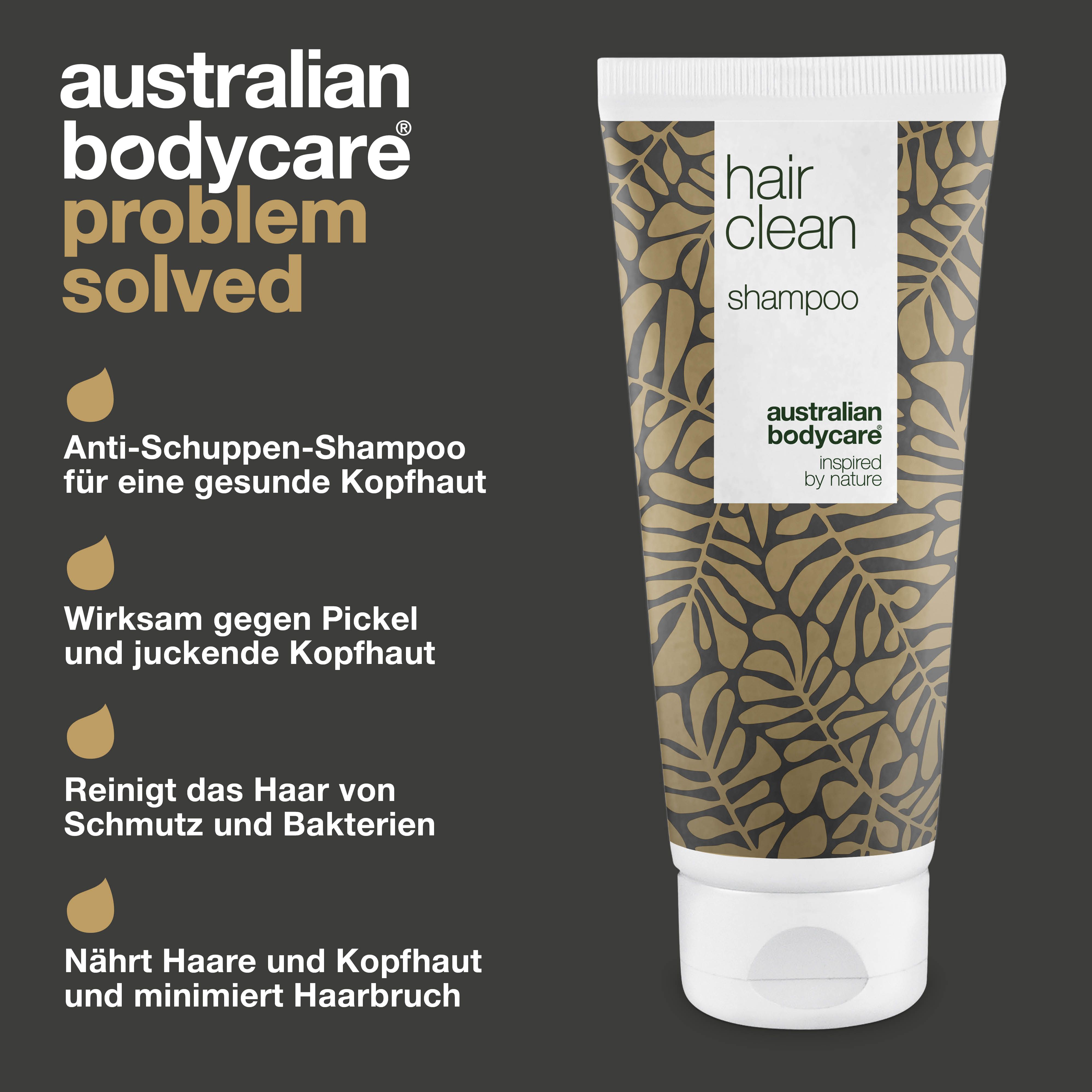 Tuben-Produkt. Aufschrift: hair clean shampoo, australian bodycare.