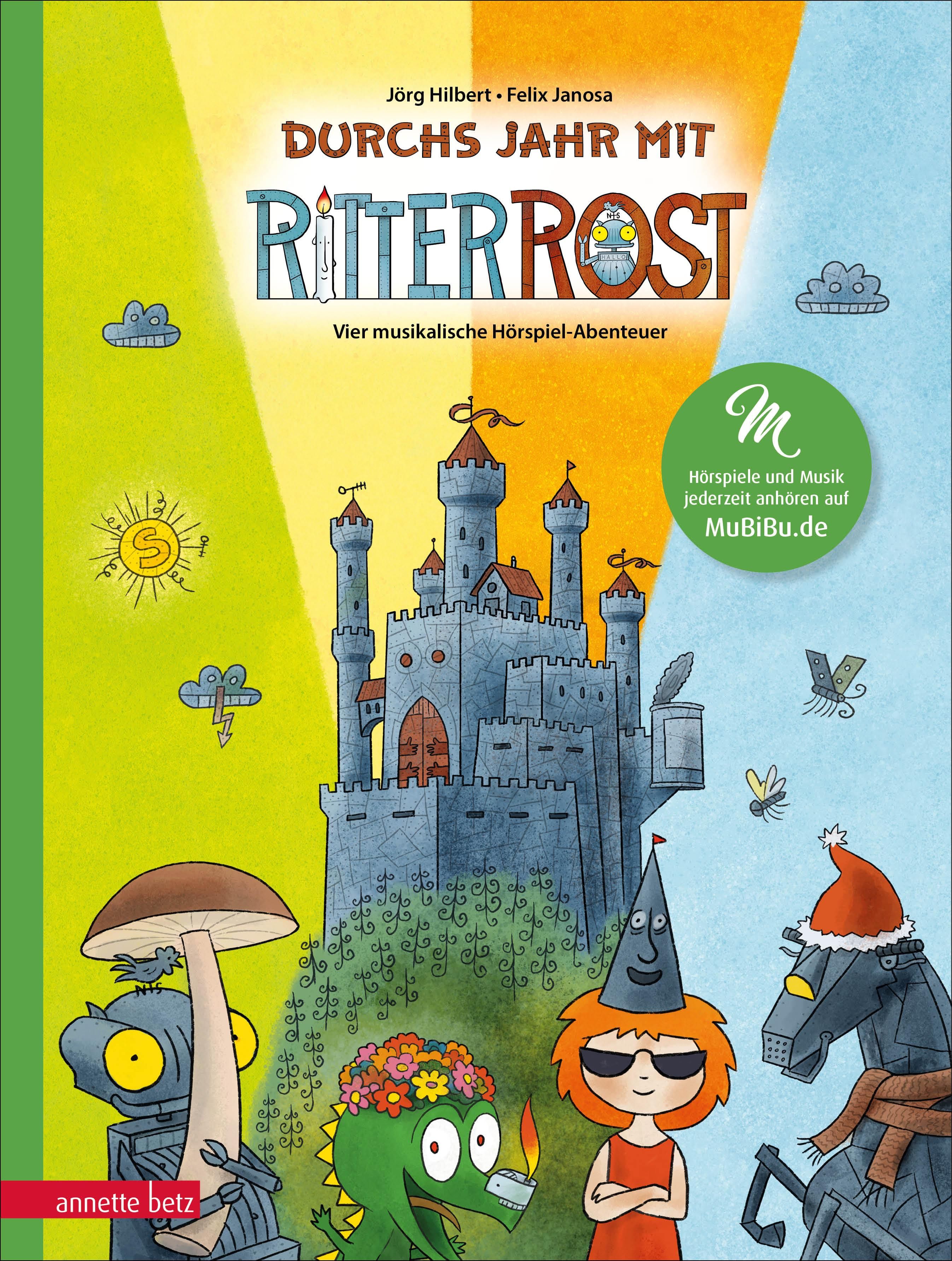 Buchcover mit Titel "Durchs Jahr mit Ritter Rost". Illustrationen: Burg, Figuren, Schriftzug. Verlag: annette betz. Mit QR-Code.