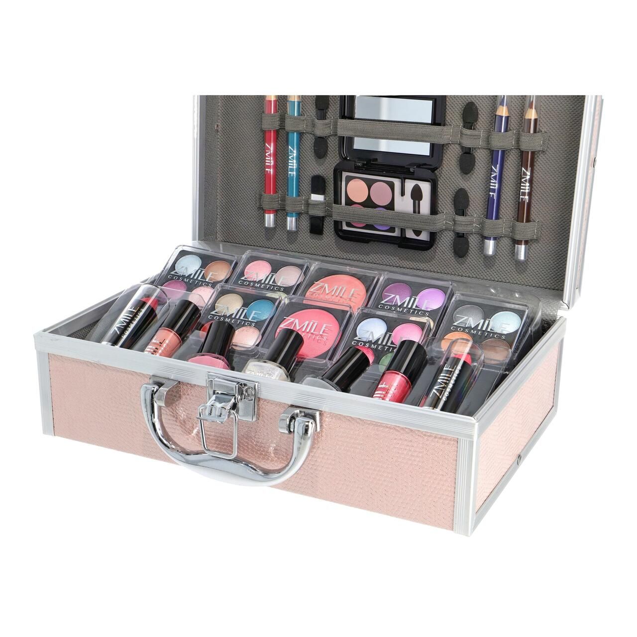 Kosmetik-Koffer, geöffnet, mit Make-up-Produkten. Enthält Lidschatten, Lippenstifte, Nagellacke und Stifte. Marke ZMILE Cosmetics.