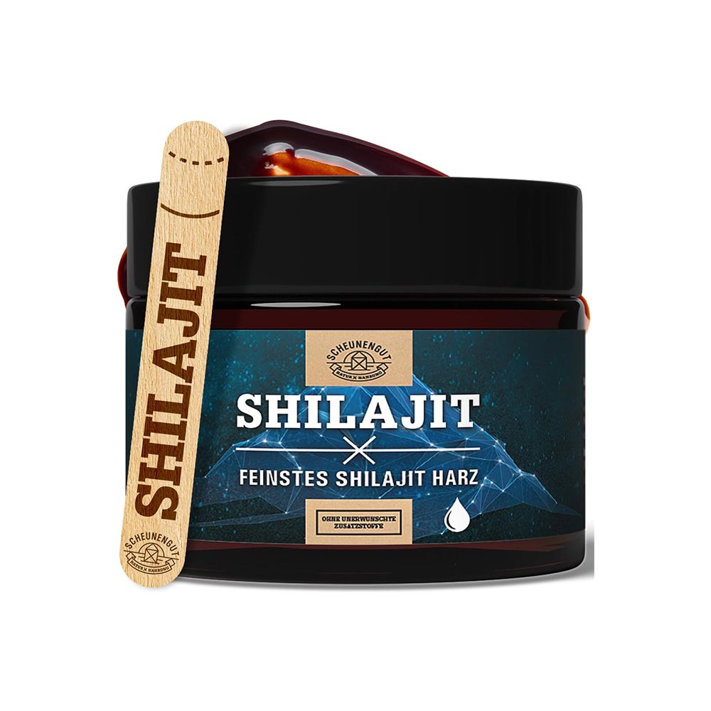 Scheunengut Shilajit Harz in einem Glastiegel mit Dosierlöffel.