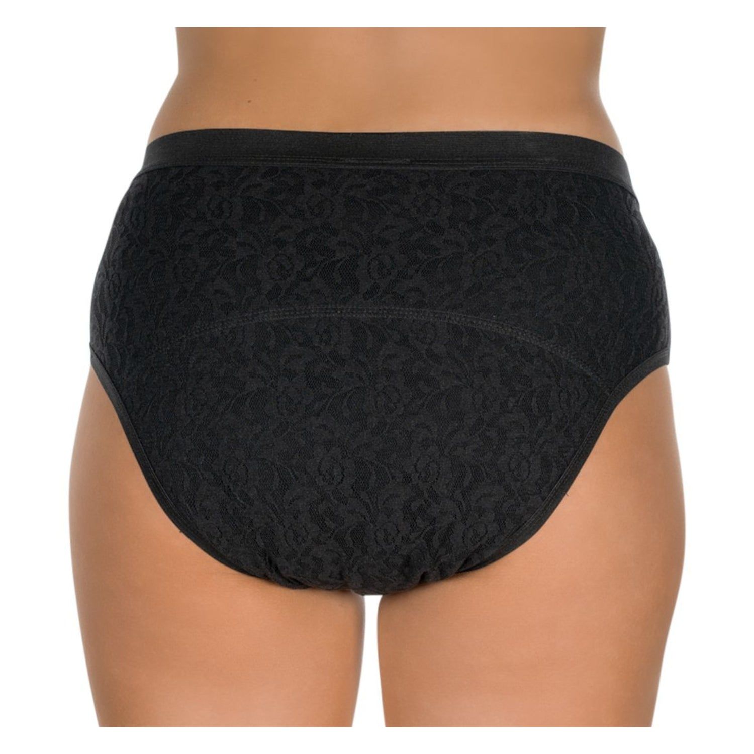 Schwarzer Spitzenslip mit mittlerer Harninkontinenz. Rückansicht.
