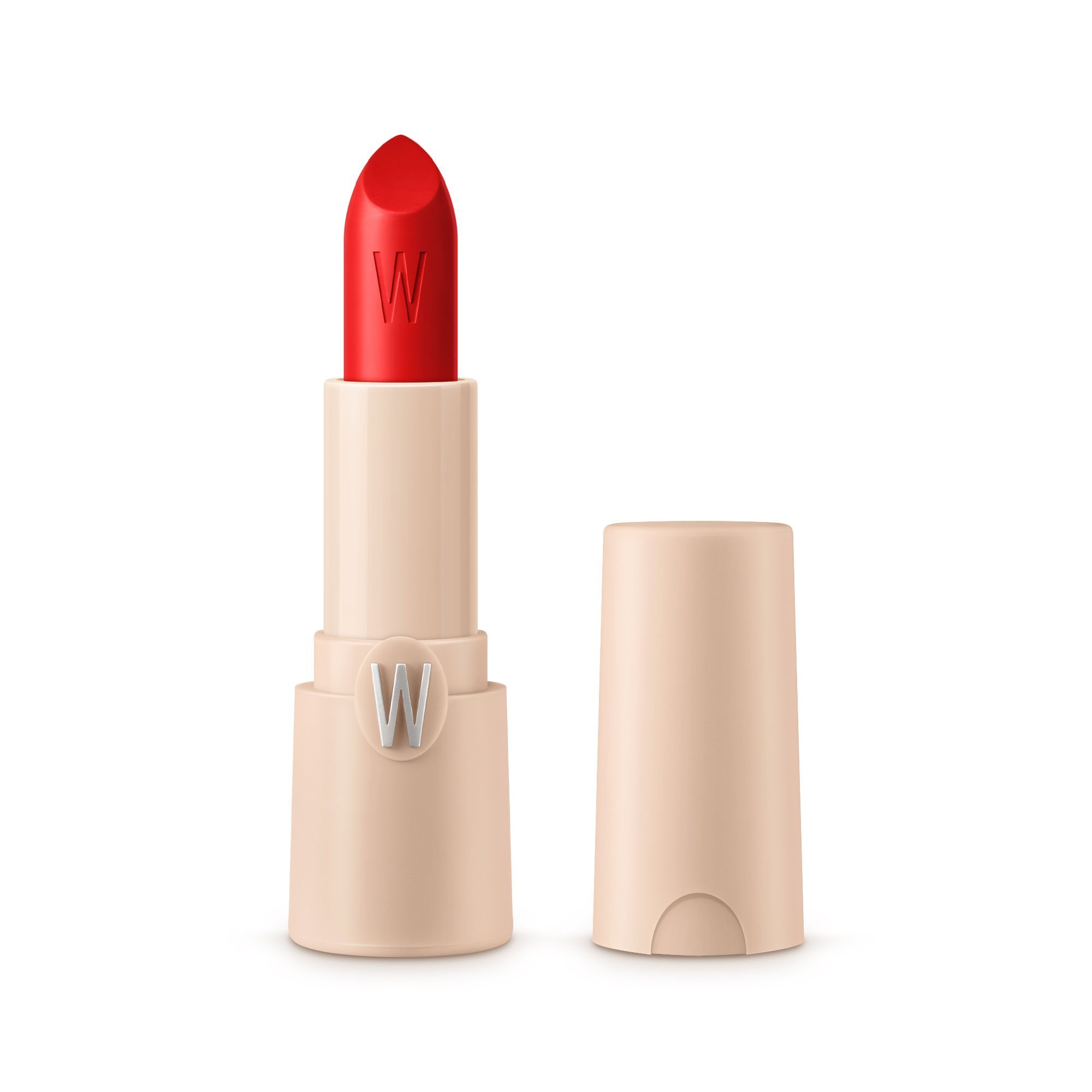 Offener Lippenstift mit roter Mine und beiger Hülse. 'W'-Logo sichtbar.