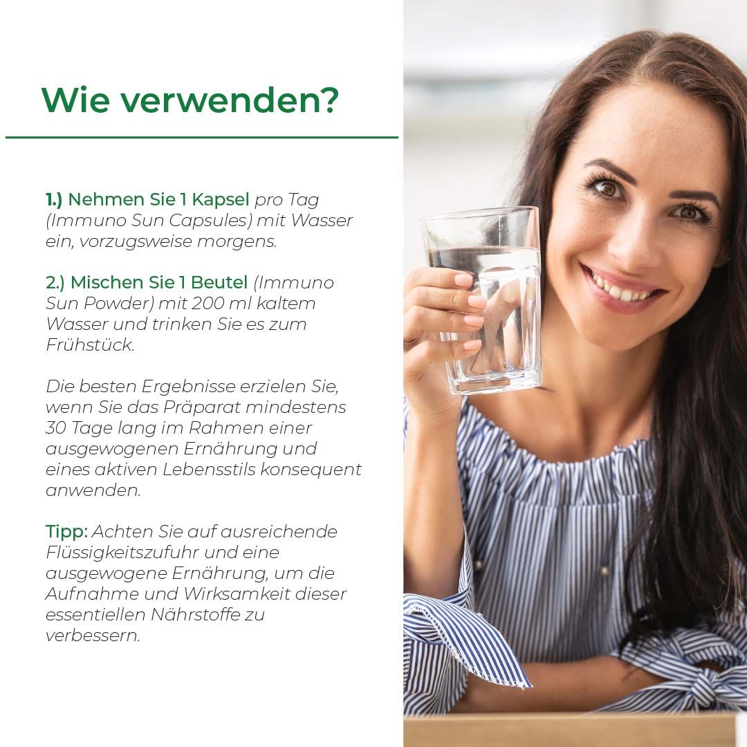 Frau hält Glas Wasser. Text erklärt Anwendung: Kapsel/Pulver mit Wasser. Empfehlung: ausgewogene Ernährung.