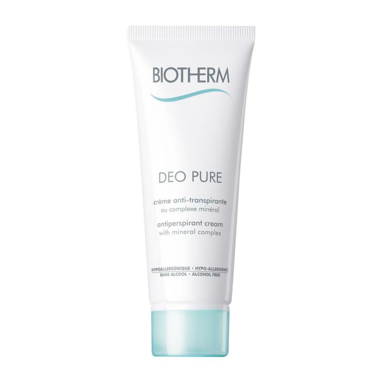 BIOTHERM Deo Pure Creme Tube. Weiß, mit blauem Deckel. Text: BIOTHERM, Deo Pure, Crème anti-transpirante, mit Mineral-Komplex.