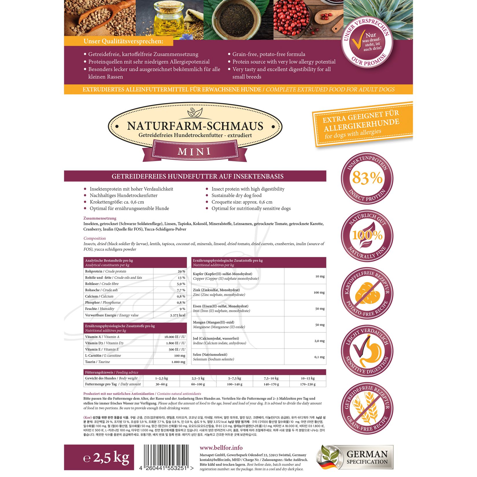 Verpackung von Getreidefreies Hundetrockenfutter mit Insekten. Enthält Informationen zu Inhaltsstoffen, Analysen und Zertifizierungen.