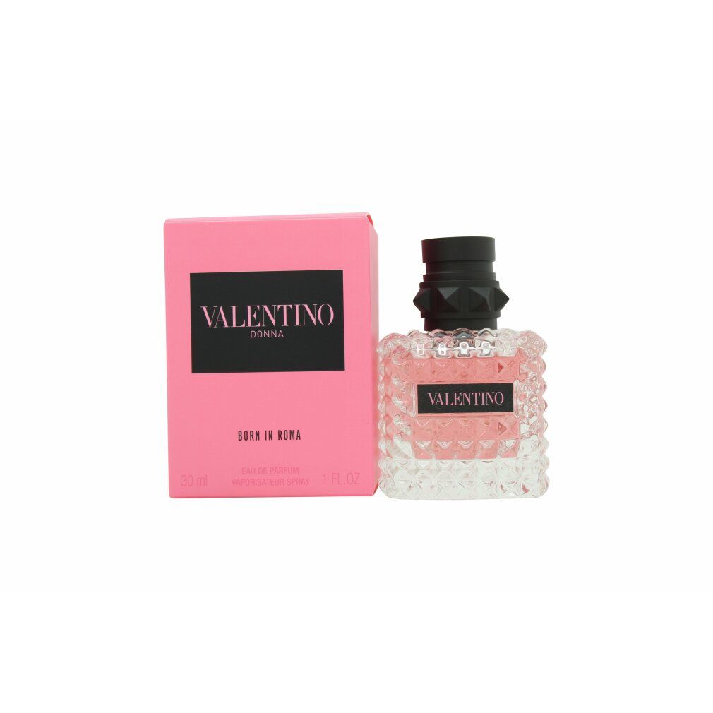 Valentino Born In Roma Eau de Parfum. Rosa Schachtel und Flakon. Schwarzer Verschluss. Text: Valentino, Born in Roma, Donna.