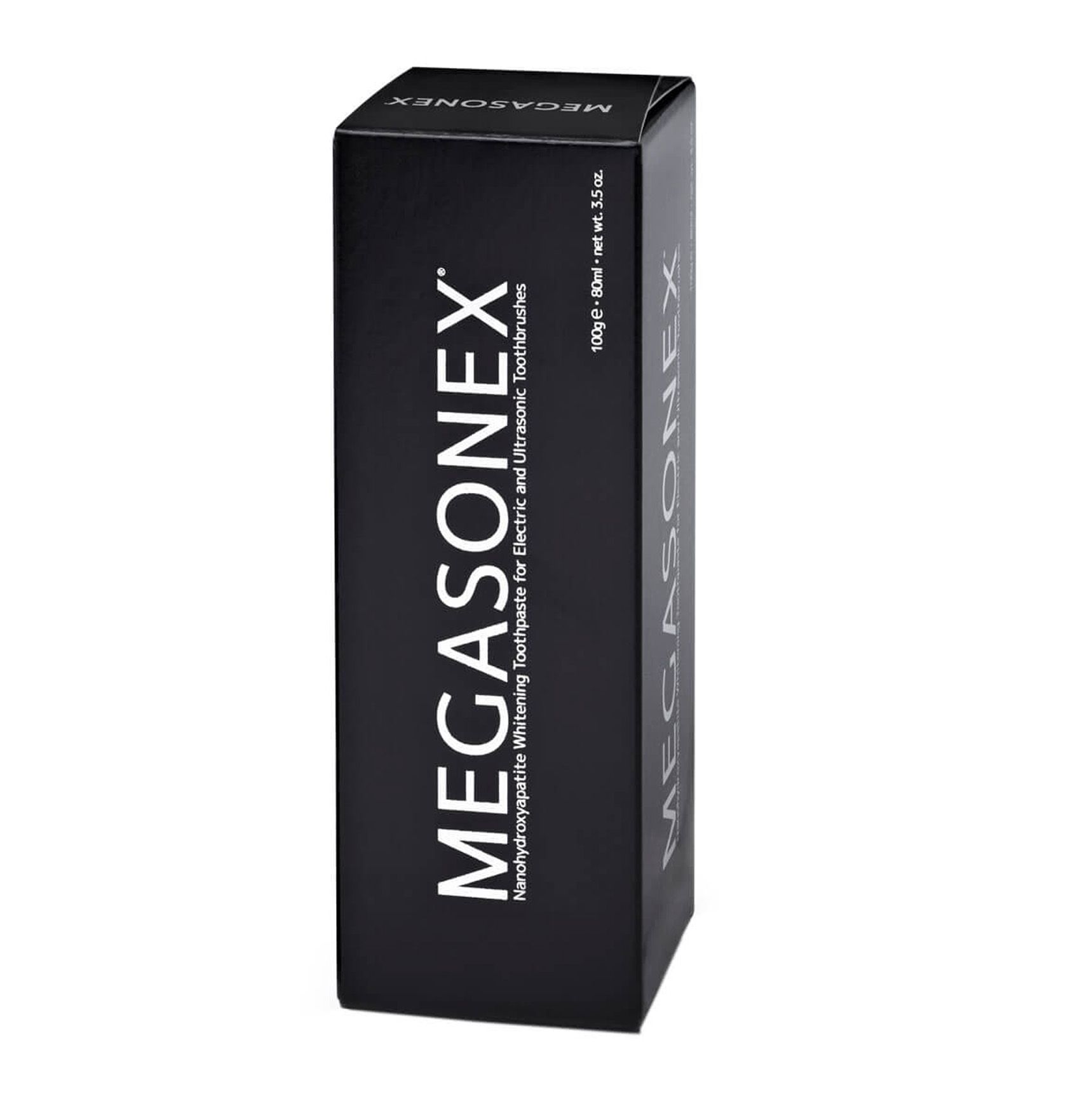 Schwarzer Karton mit weißem "MEGASONEX"-Logo und Produktinformationen. Vertikale Ausrichtung.